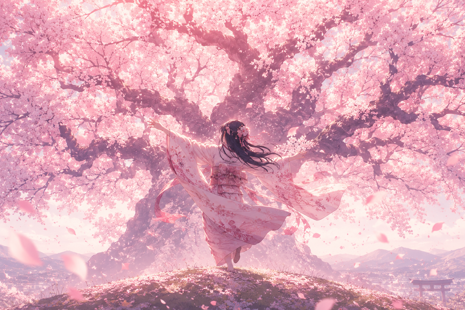 春の代行者・雛菊｜桜の大木の前で舞う和装の少女