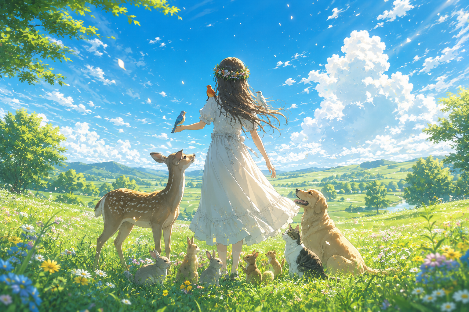 夏の代行者・葉桜瑠璃｜草原で動物たちに囲まれる少女