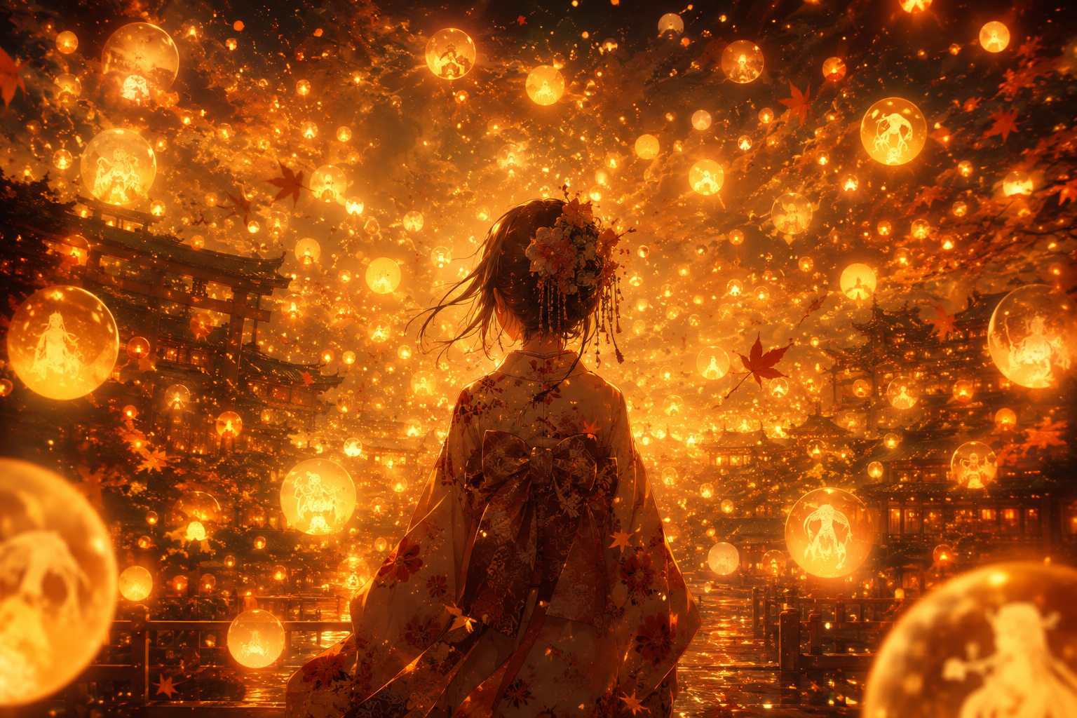 秋の代行者・祝月撫子｜光の球体に包まれる和装の少女