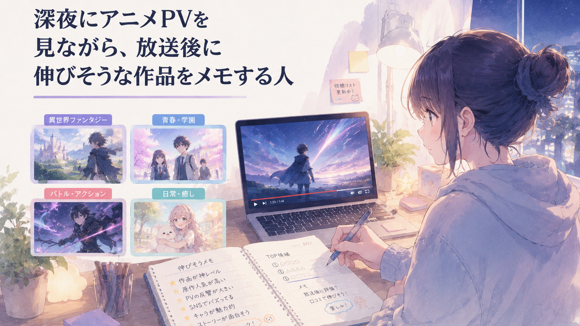 2026夏アニメの注目作がジャンル別に並び、スマホで視聴リストを作るアニメファン
