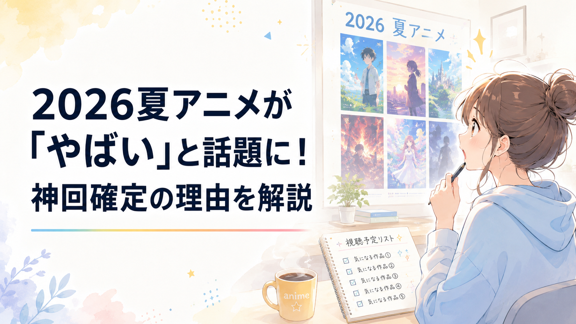 2026夏アニメの注目作ポスターを前に驚きながら視聴予定を考える人