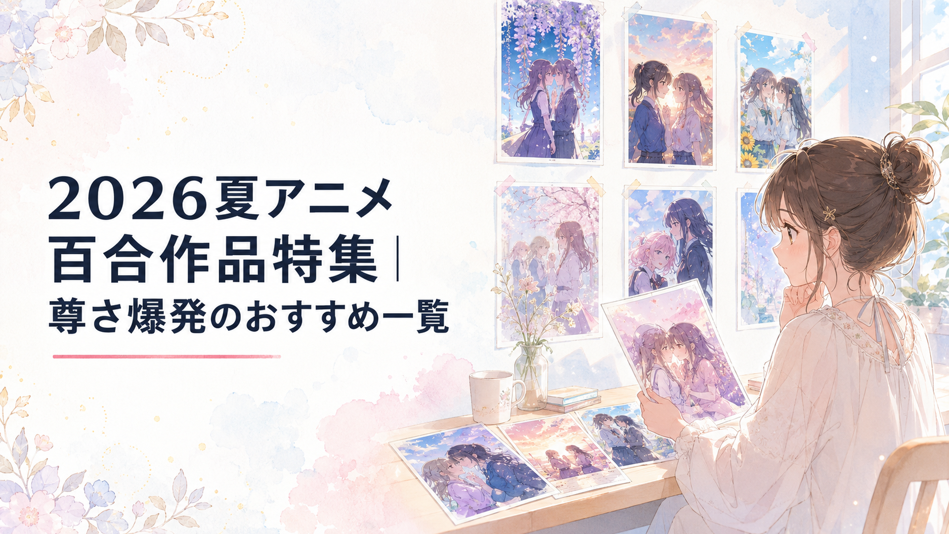 2026夏アニメの百合作品ポスターを見比べる読者のシーン