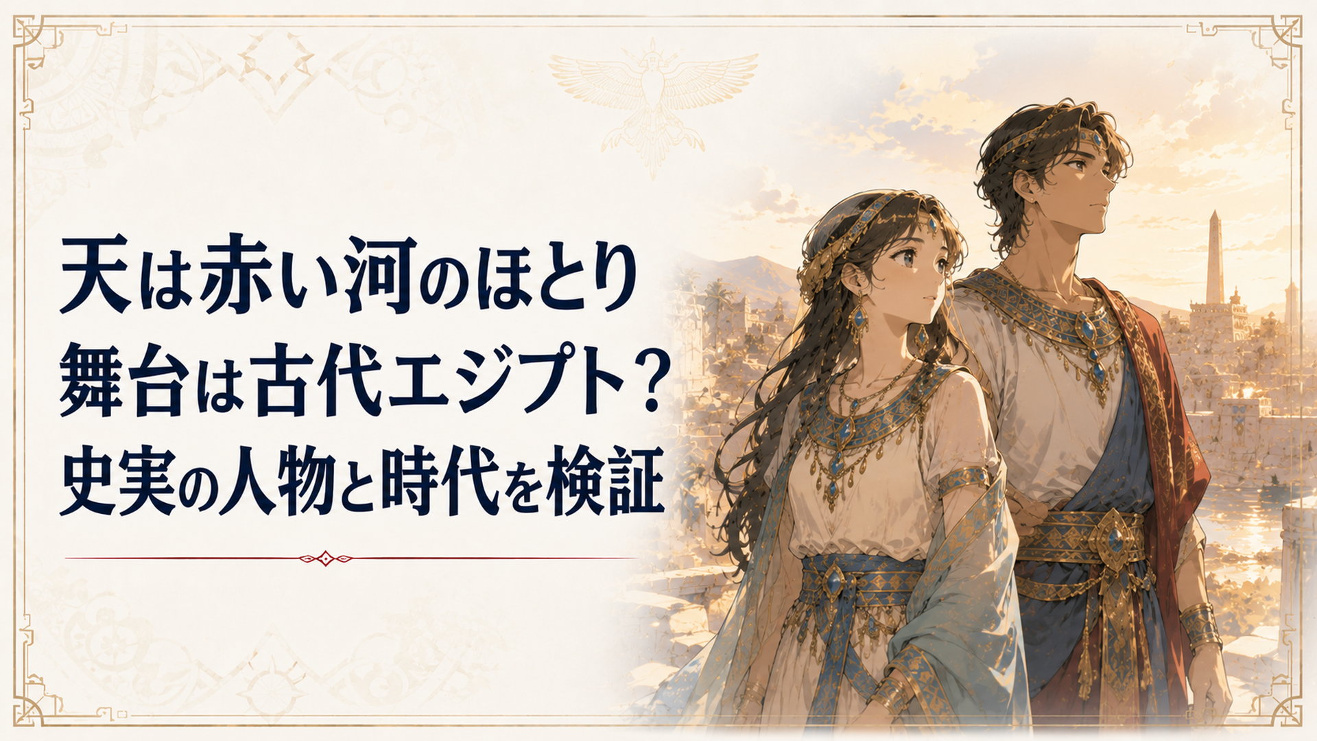 古代オリエントの城塞都市を背景に、和装ではない古代衣装の少女と皇子が並び立つ幻想的なシーン