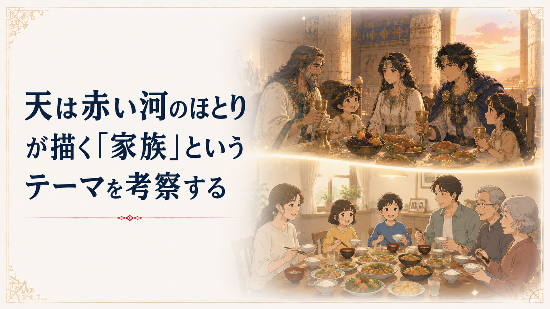 現代日本の家族の温かい食卓と、古代ヒッタイトの宮殿を対比的に描いたシーン