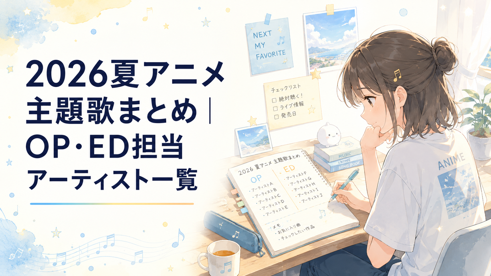 2026夏アニメの主題歌一覧をノートに整理するアニメファン