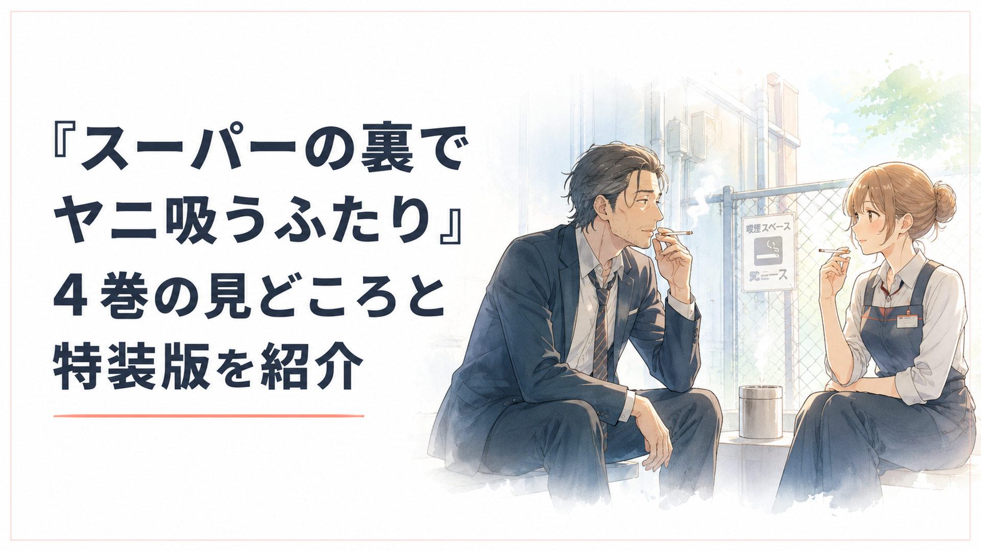 スーパーの裏の喫煙スペースで煙草を吸いながら向き合う中年男性と若い女性のシーン