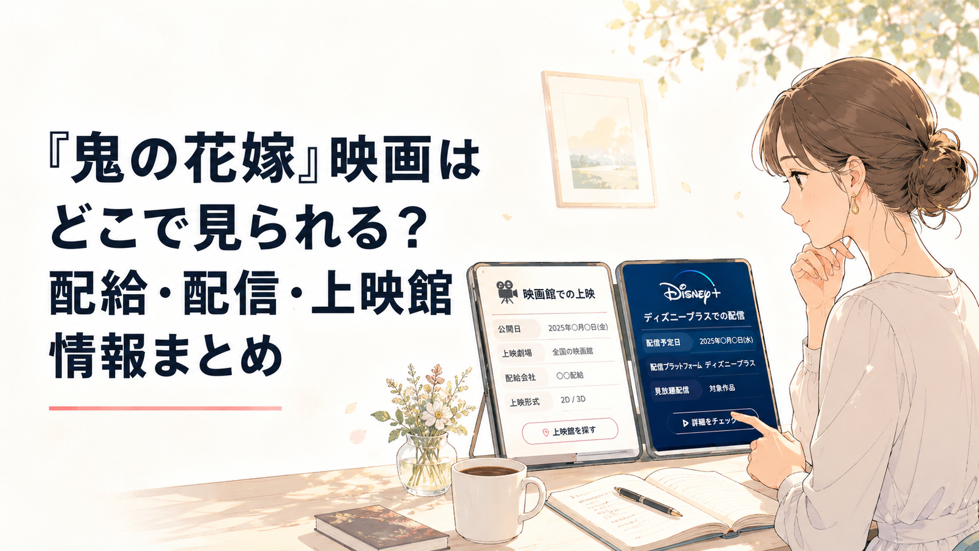 映画館の上映案内とディズニープラスの配信予定を並べて確認する場面