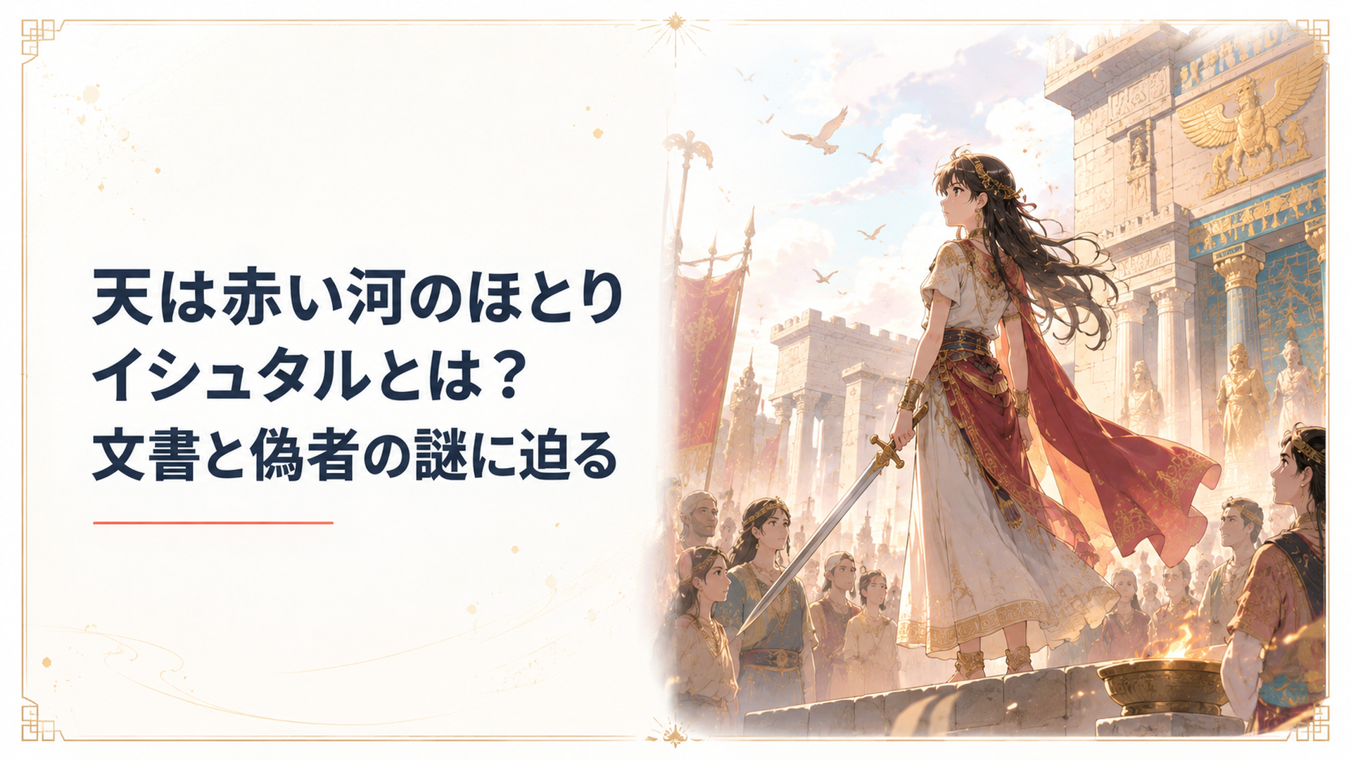 古代ヒッタイトの神殿を背景に、剣を手にした少女が民衆に見守られている幻想的なシーン