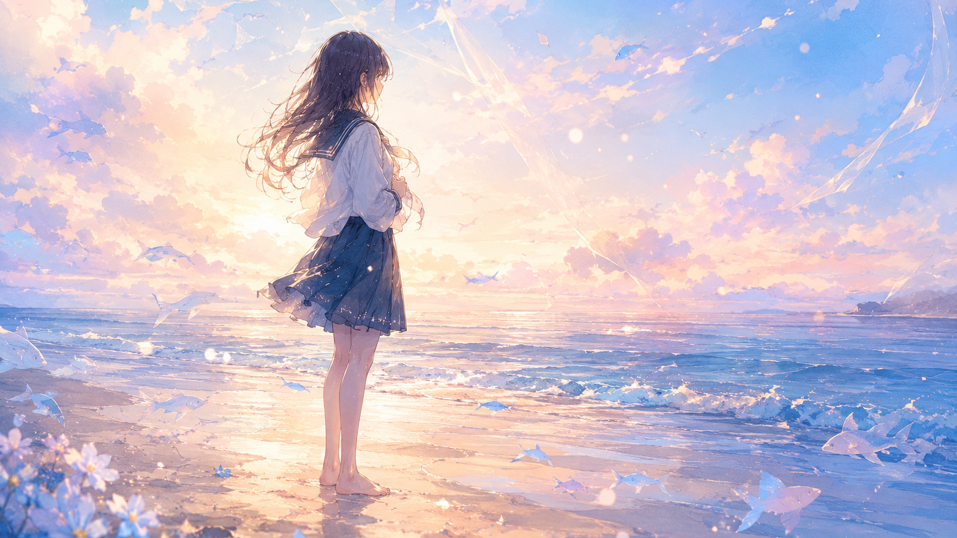海辺で孤独を抱えた少女が静かにたたずむ幻想的な情景