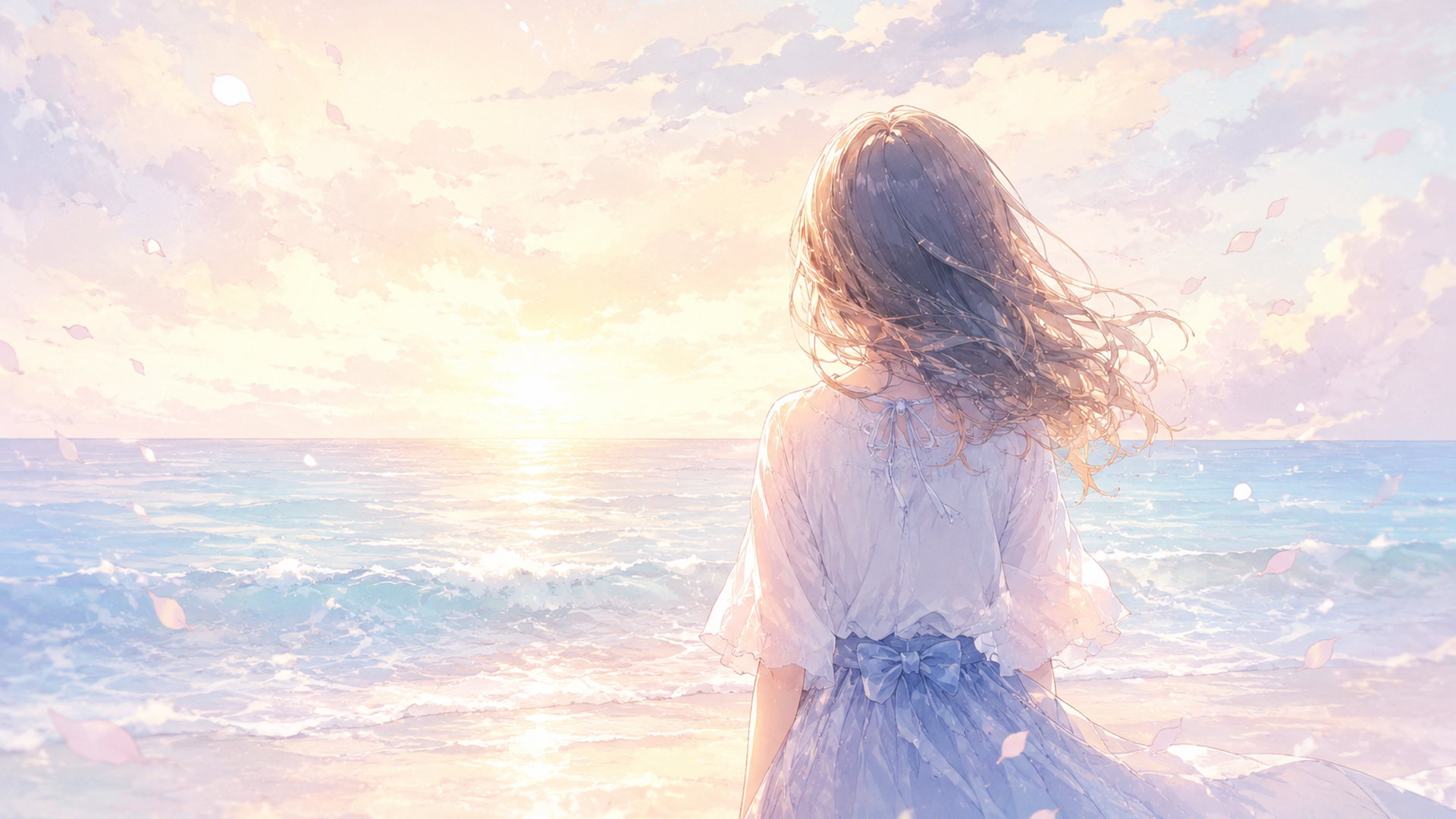淡い海辺で未来を見つめる少女の後ろ姿と静かな波