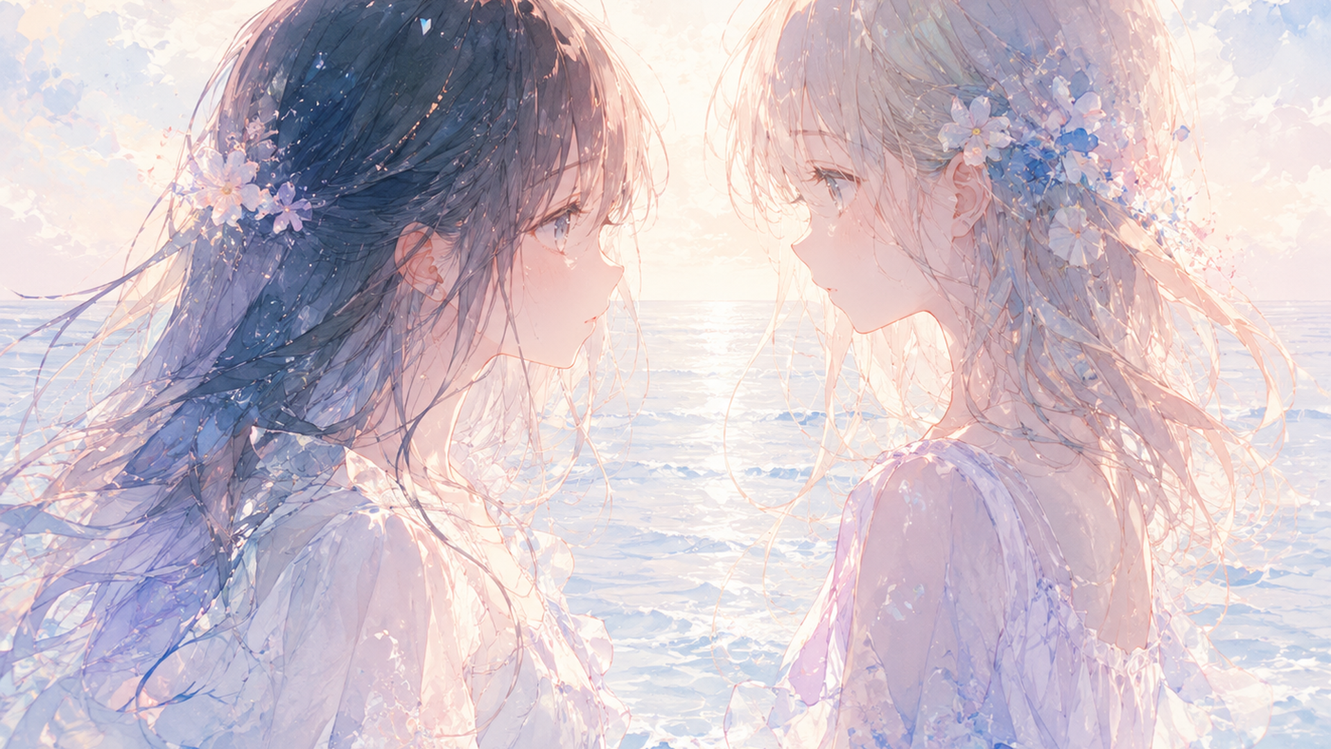 淡い海を背景に互いを見つめ合う少女たちの繊細な心理描写