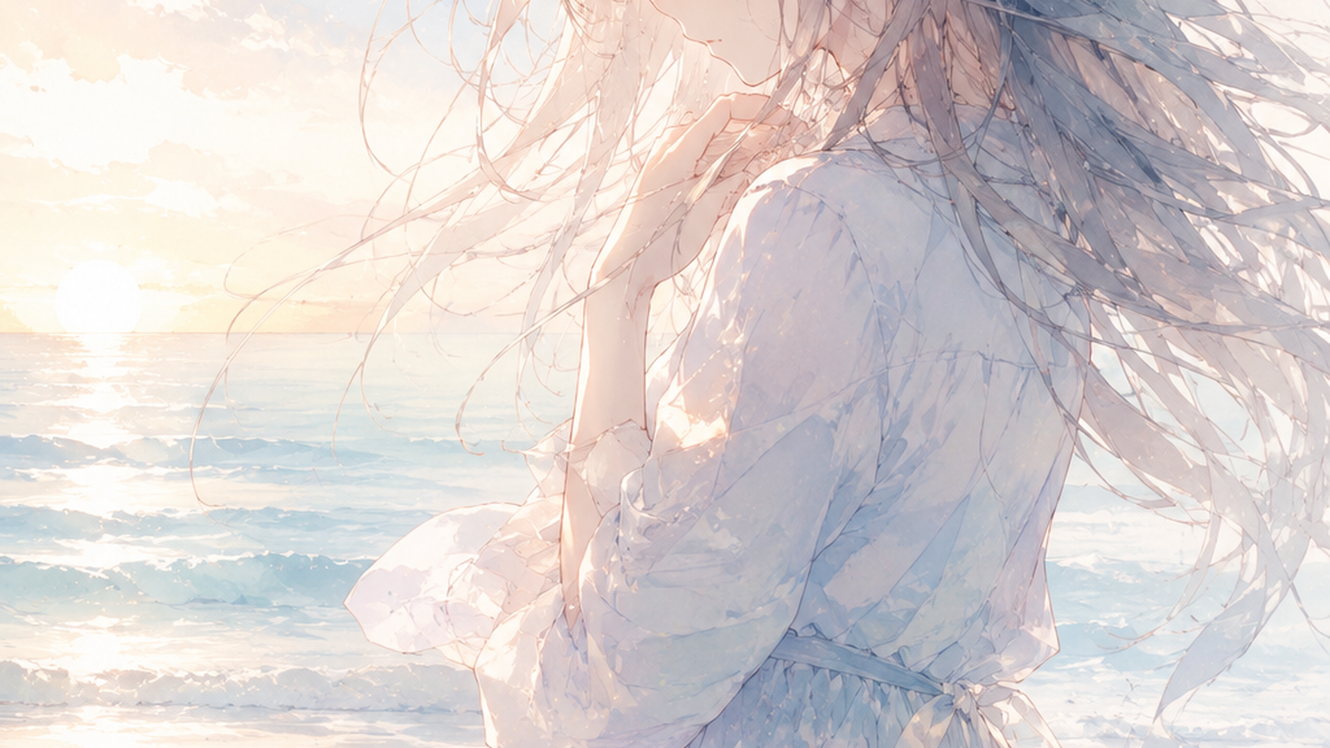 淡い海辺で一人たたずみ葛藤を抱える少女