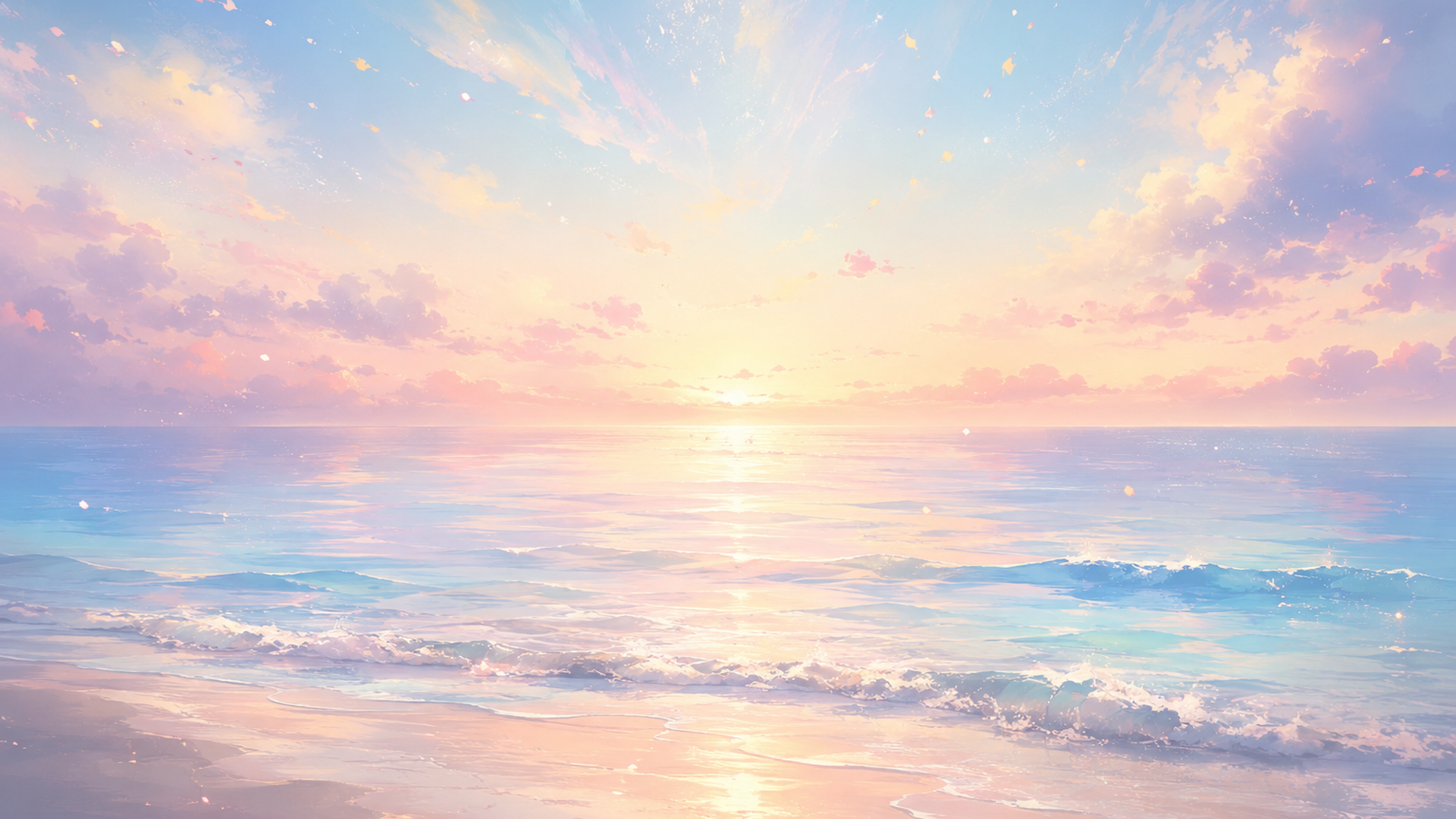 淡い海を背景に静かに広がる波と幻想的な水平線