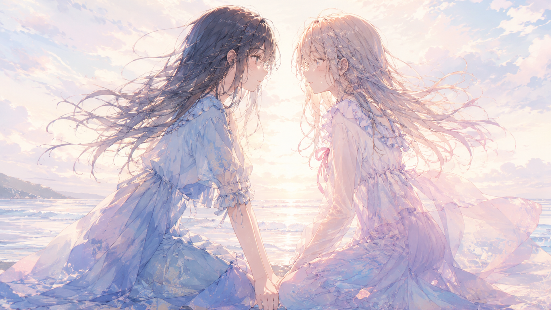 淡い海辺で向き合う少女たちの繊細な心情を映した情景