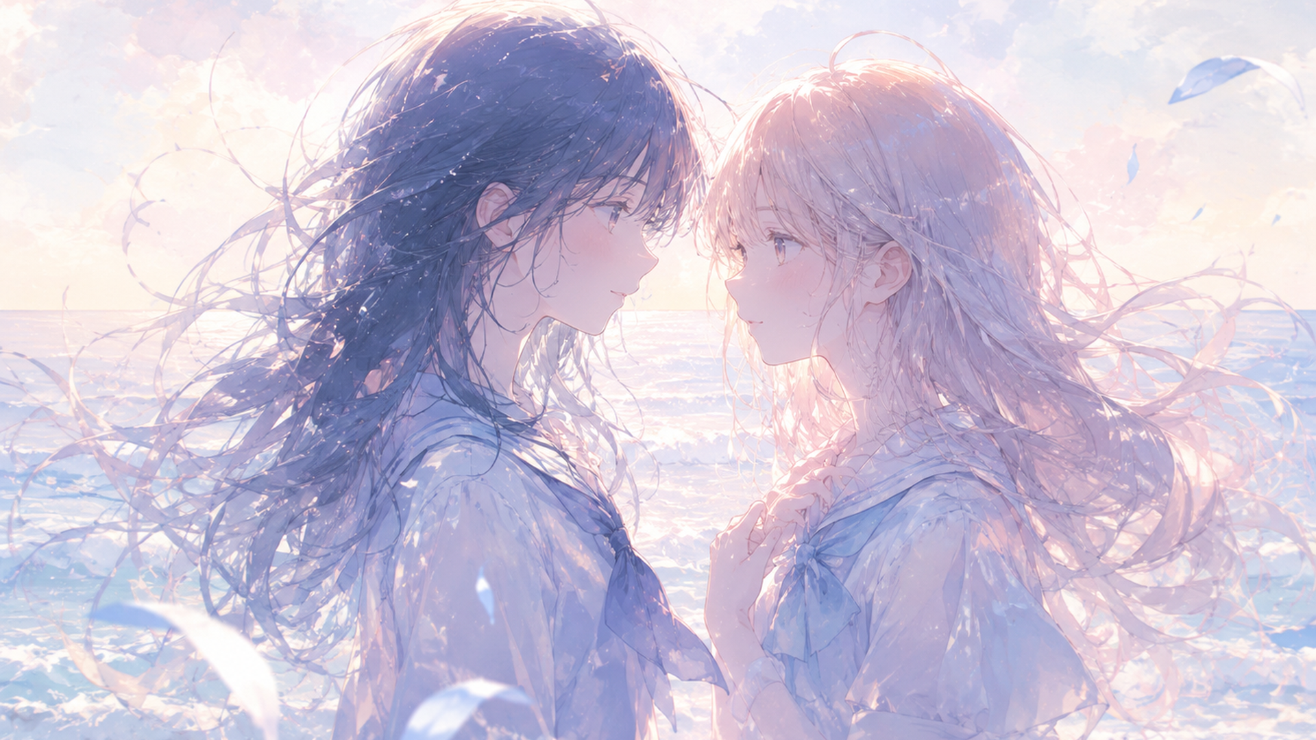 淡い海辺で互いを見つめ合い揺れる心を映す二人の少女