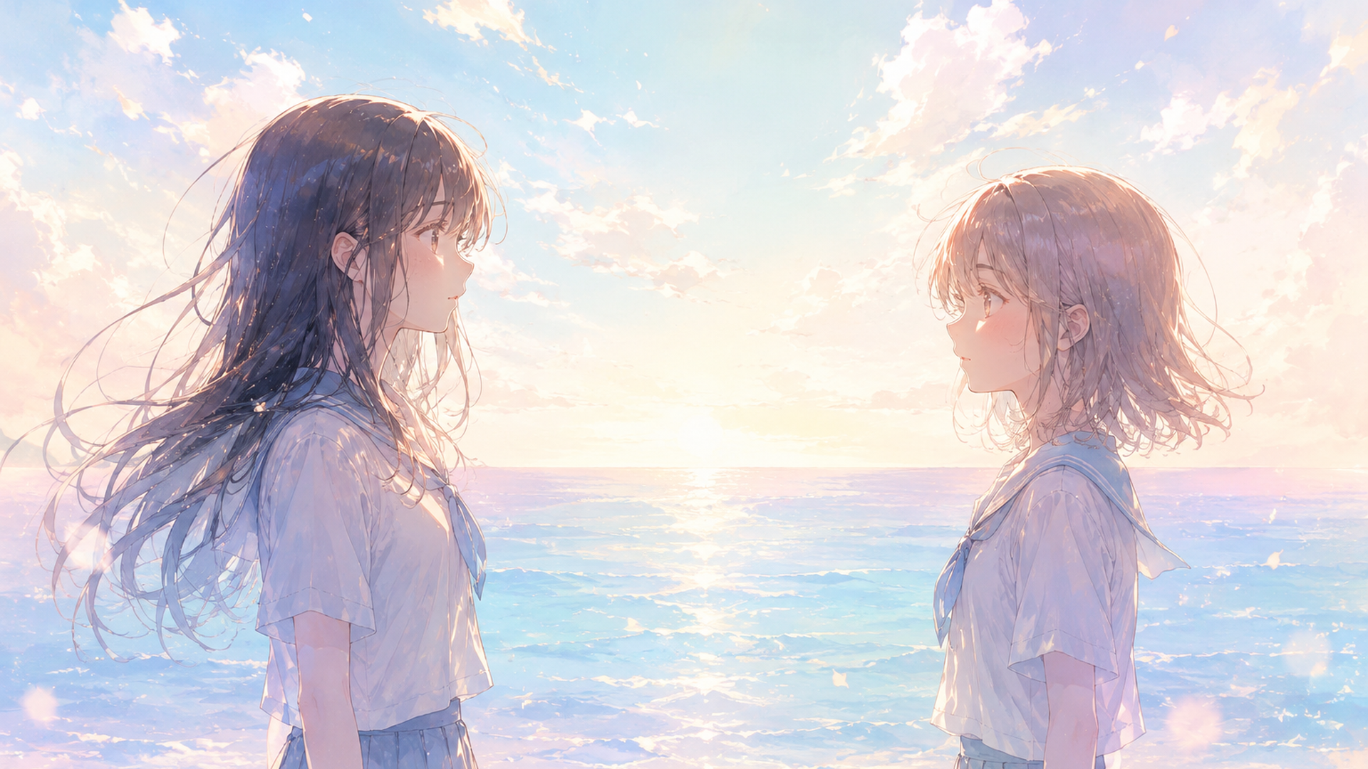 静かな海を背景に互いを見つめ合う二人の少女の心の距離を描く場面