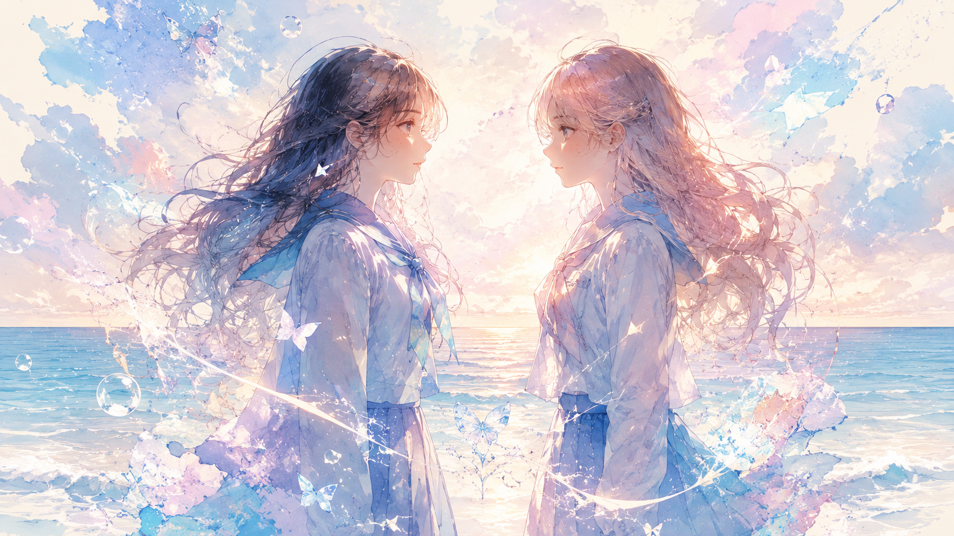 海辺で見つめ合う二人の少女の揺れる心を表現した幻想的な情景