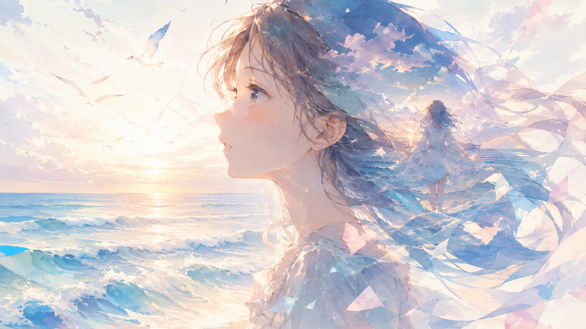 柔らかな光が差す海辺で揺れる波と少女の心情を重ねた幻想的な風景