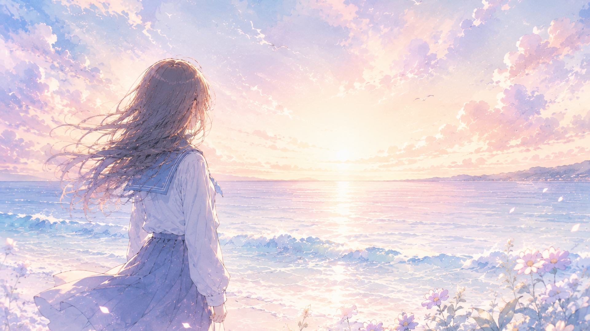柔らかな海辺で未来を見つめる少女の幻想的な情景