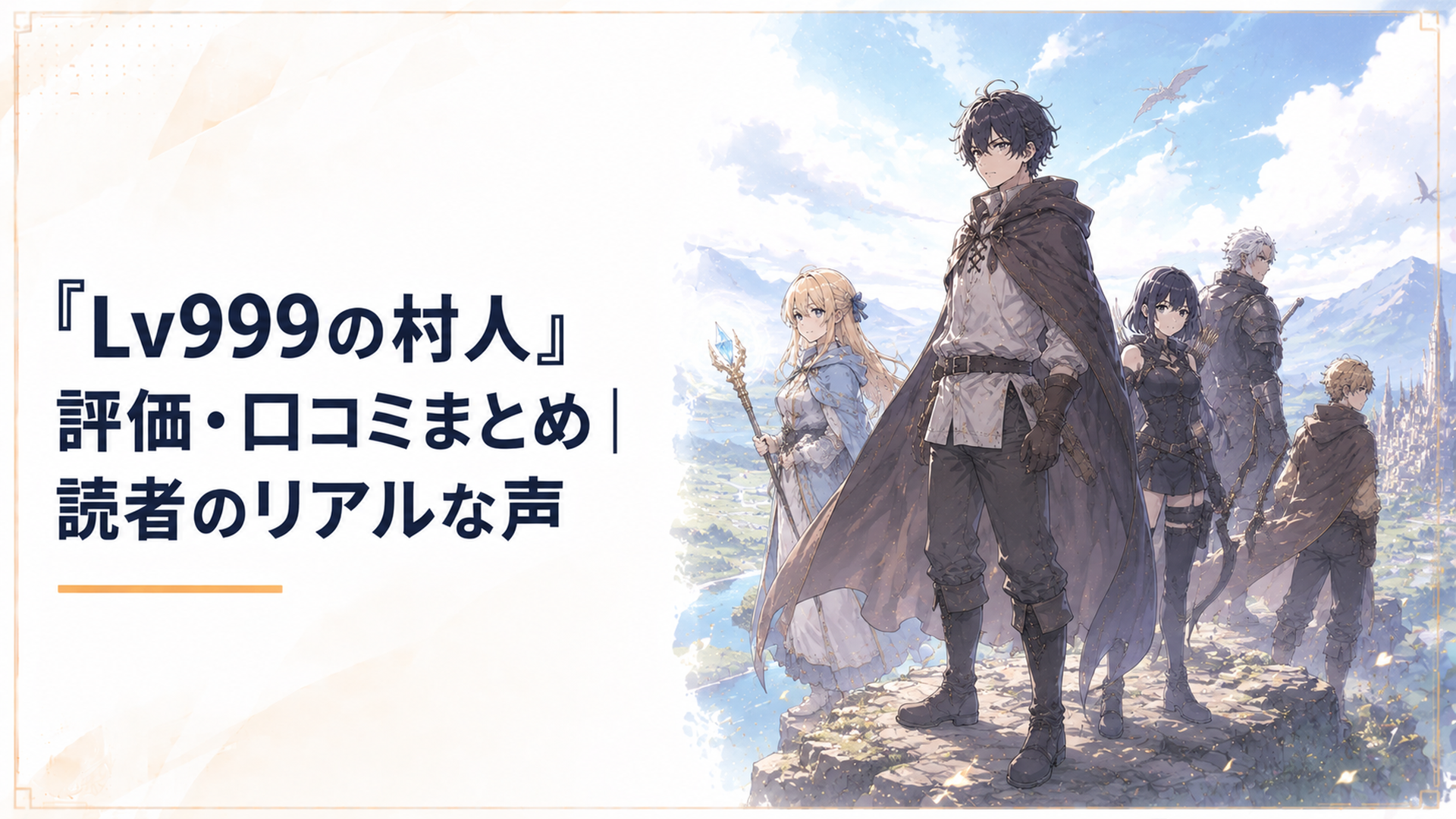 LV999の極致に至った村人・鏡浩二が仲間たちと並び立つ幻想的な異世界の風景