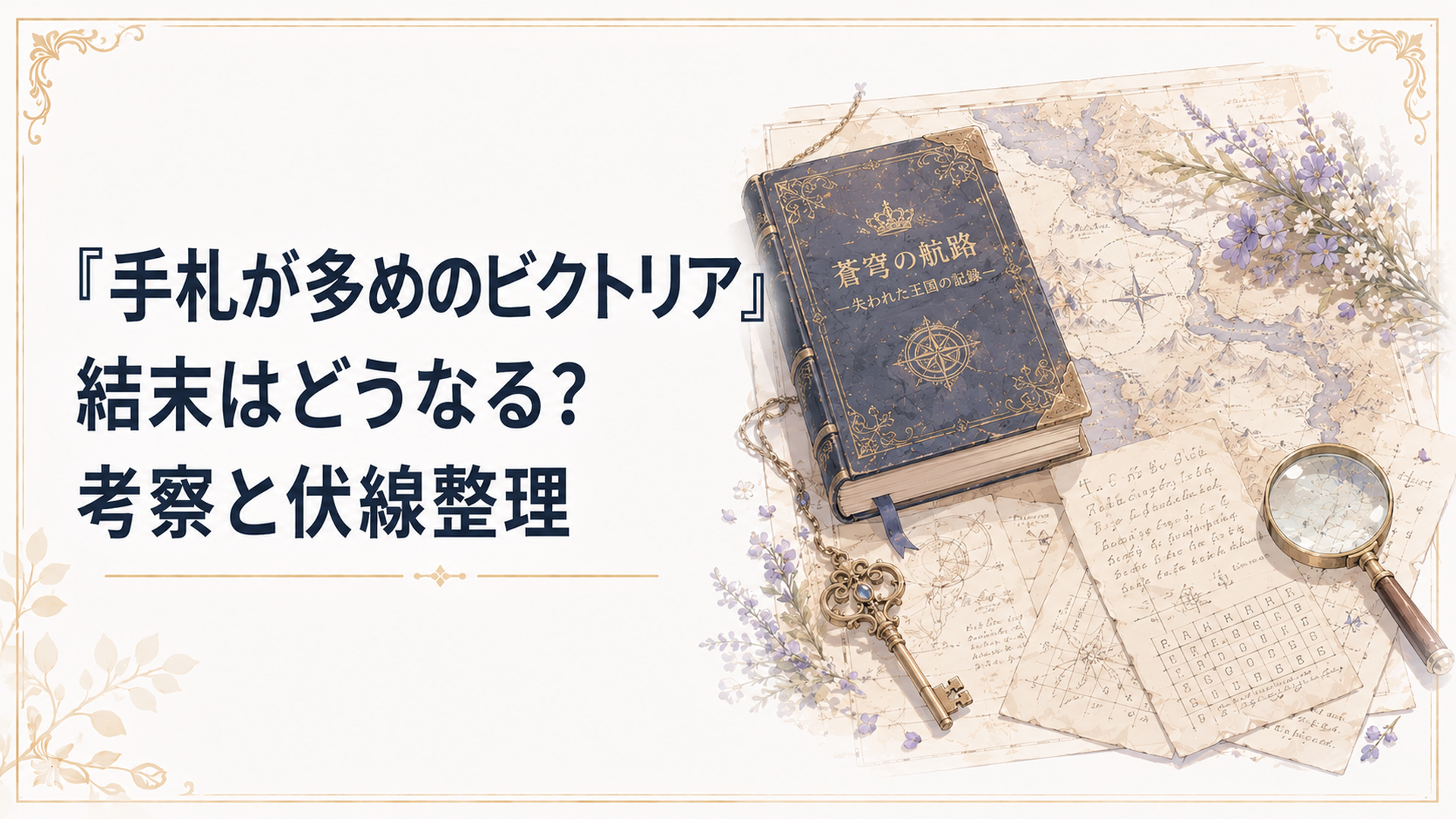 『手札が多めのビクトリア』の物語の行方を示すイメージ、暗号が記された古い冒険小説と地図