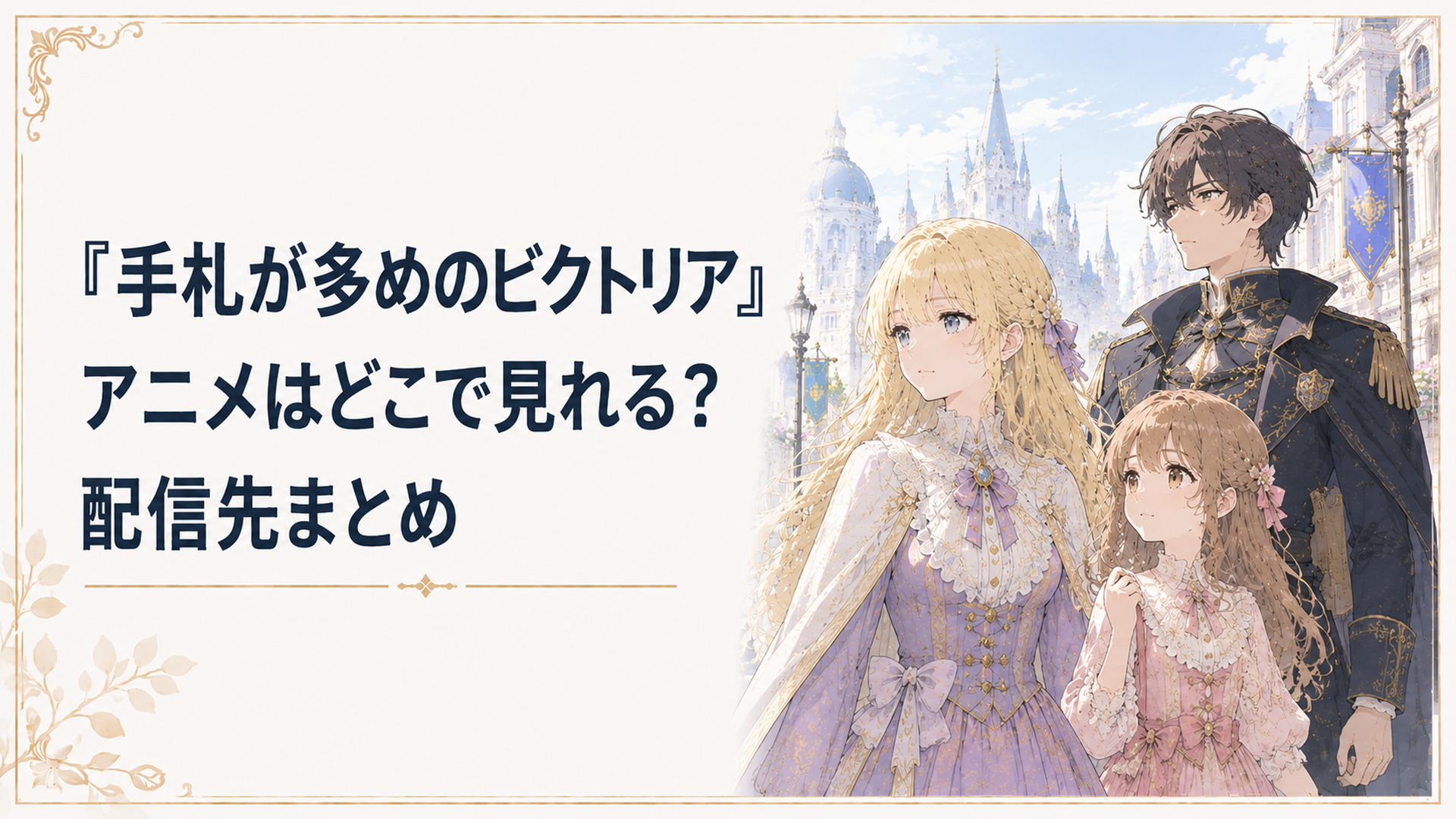金髪の女性ビクトリアと少女ノンナ、騎士団長ジェフリーがアシュベリー王国の街並みを背景に並ぶイラスト