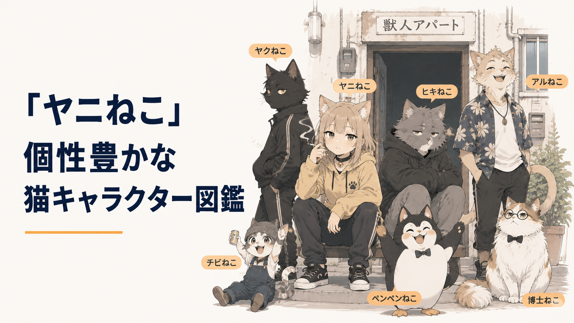 獣人アパートの前に集まる、ヤニねこ・ヤクねこ・ヒキねこ・アルねこ・ペンペンねこなど個性豊かな猫キャラクターたち