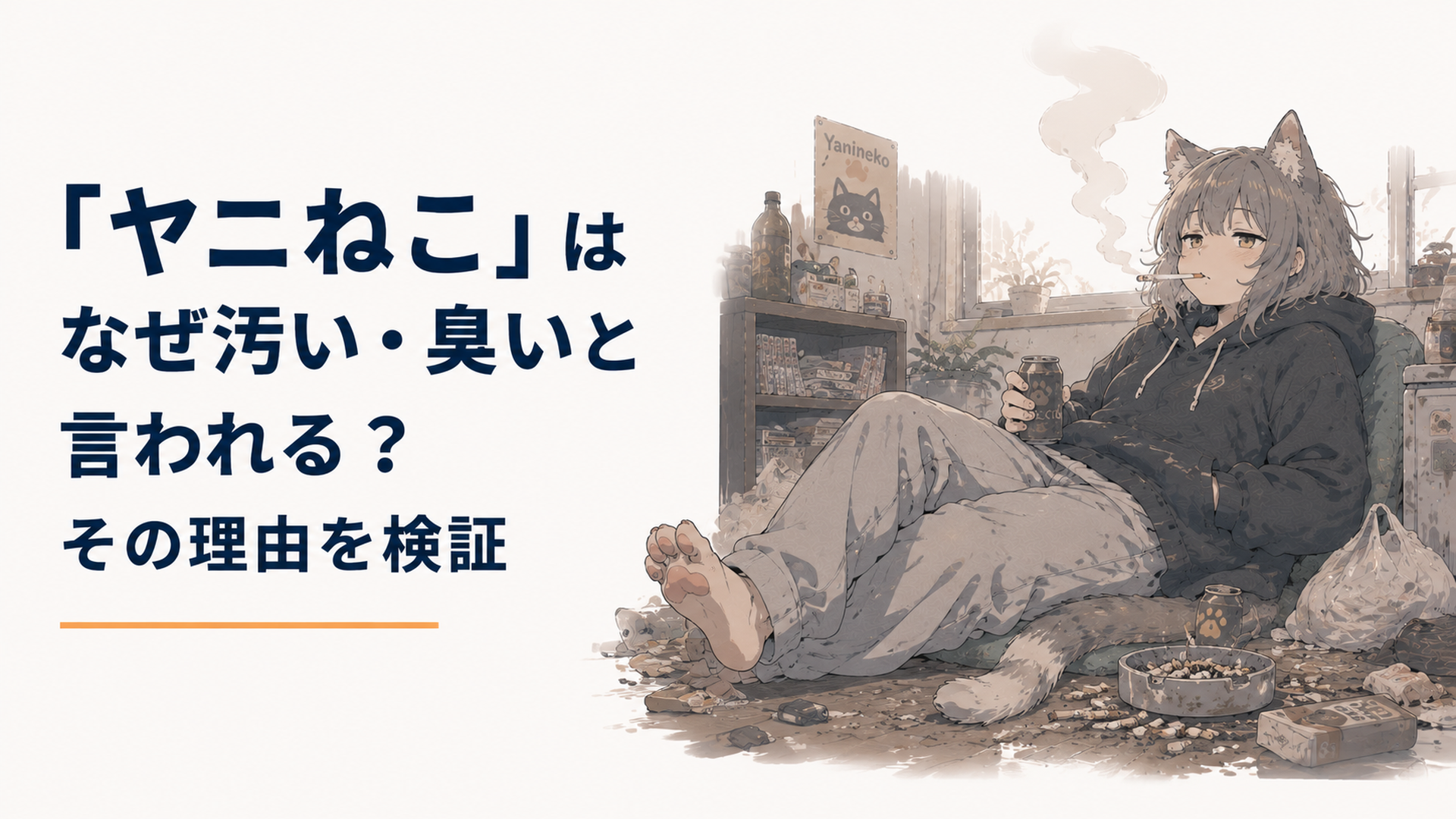 美麗な作画で描かれる、散らかった部屋とタバコの煙に包まれた猫獣人のヤニねこ
