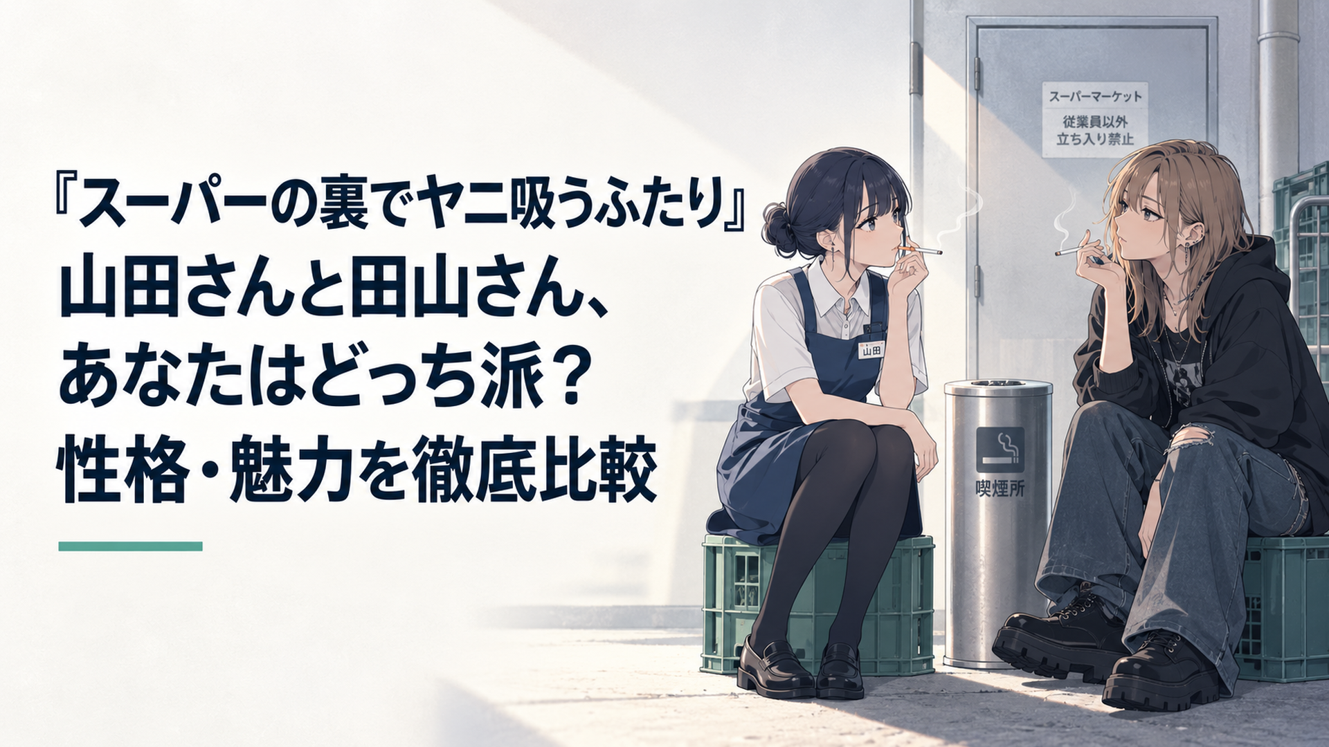 スーパーの裏の喫煙所で向かい合う、清楚な制服姿の山田さんとロックな私服姿の田山さん