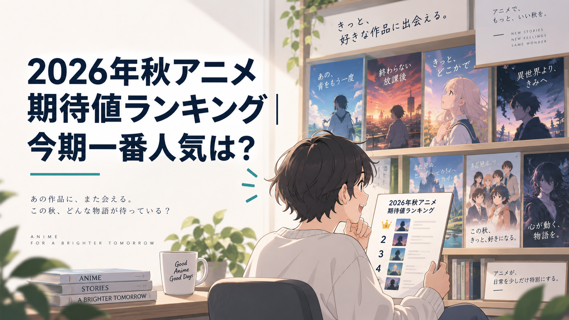 色とりどりのアニメポスターが並ぶ棚の前で、期待に胸を膨らませながらランキング表を眺める視聴者のイラスト