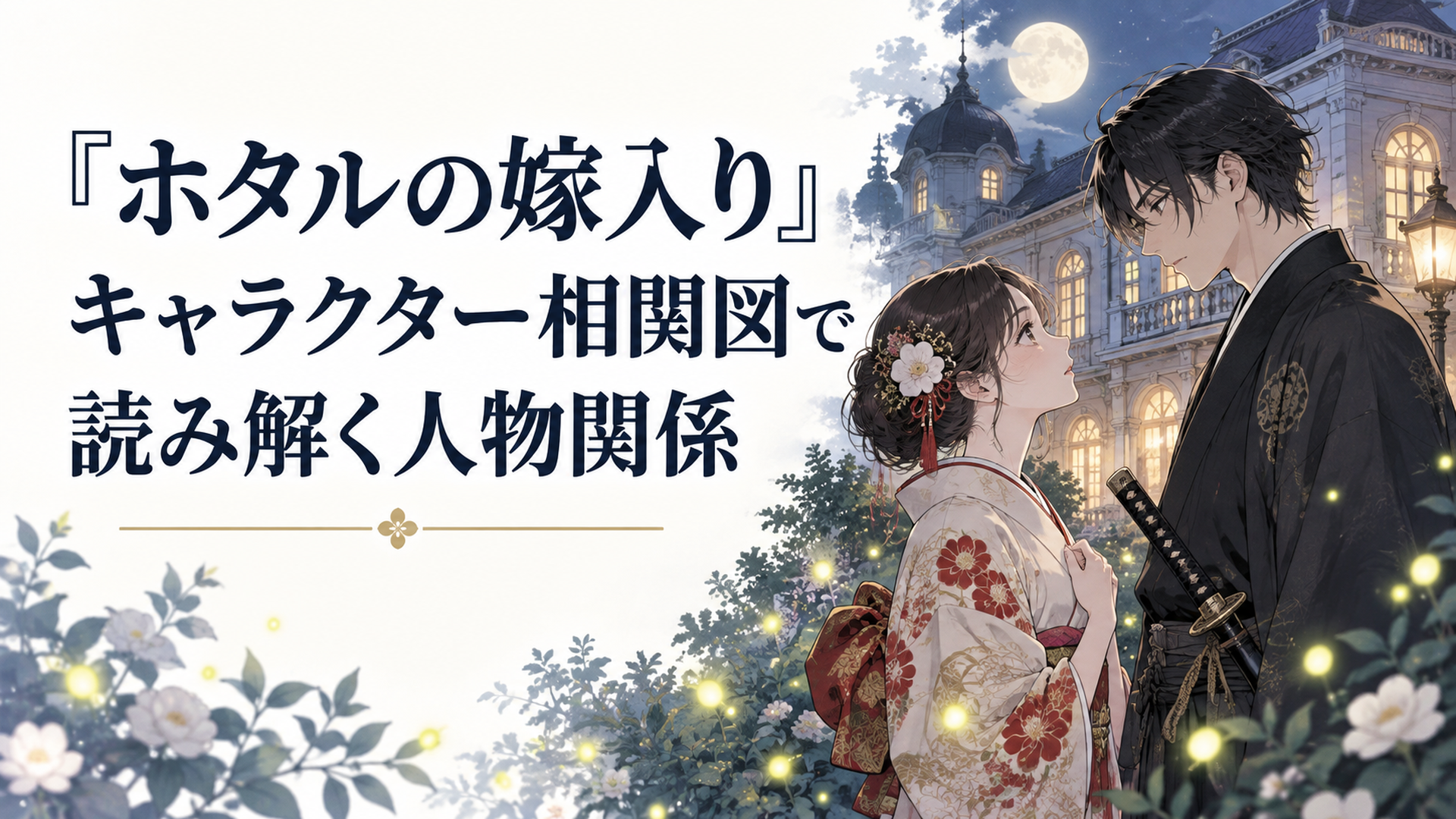明治時代の洋館の前で、和装の令嬢と刀を携えた黒髪の青年が夜の蛍の光の中で向き合うシーン