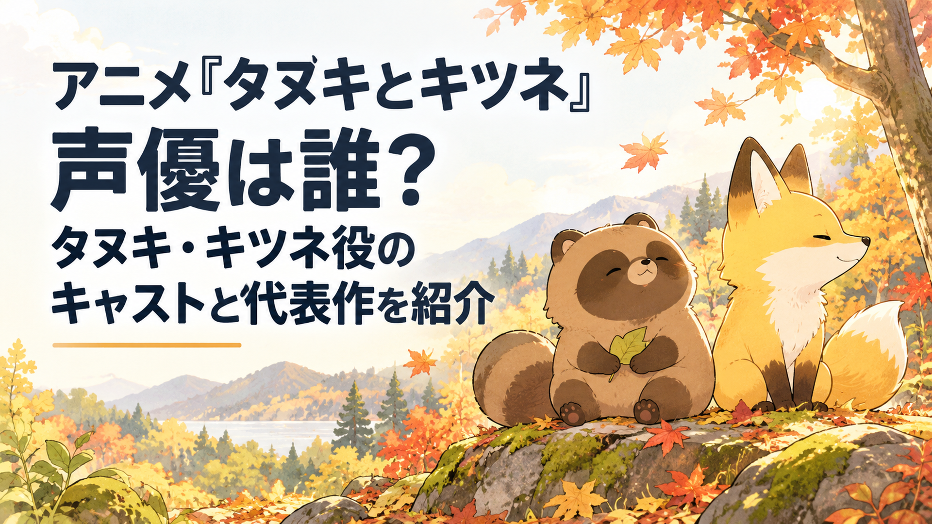 山の森の中で、のんびり座るタヌキと少しそっぽを向くキツネ。やわらかい日差しの秋の朝