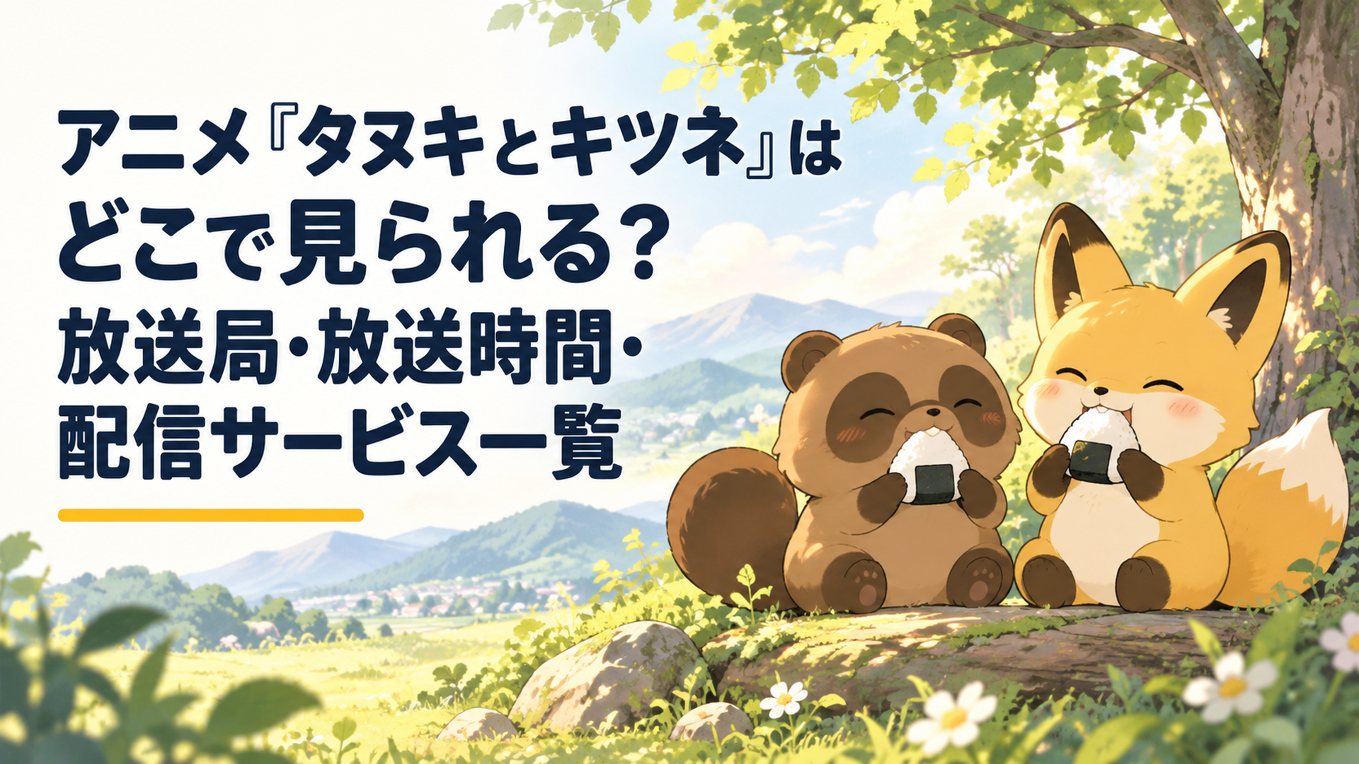 日曜の朝の柔らかな光の中、山の木陰でタヌキとキツネが並んでおにぎりを頬張るほのぼのとしたシーン