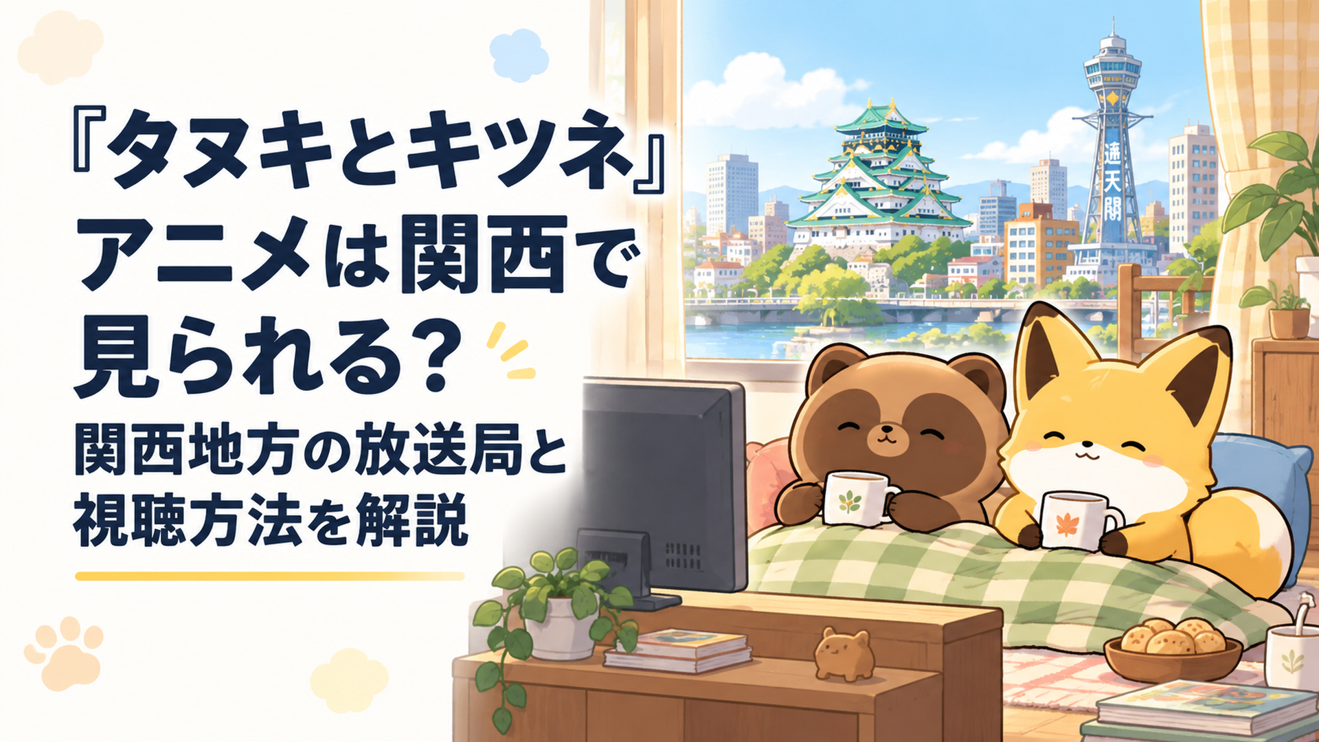 日曜の朝、関西の街並みを背景にテレビの前で並んでくつろぐかわいいタヌキとキツネのイラスト風シーン