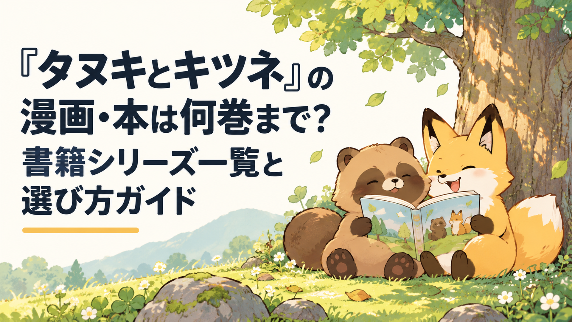 お山の木の下で、のんびりしたタヌキといたずら顔のキツネが並んで絵本を読んでいるほのぼのしたシーン