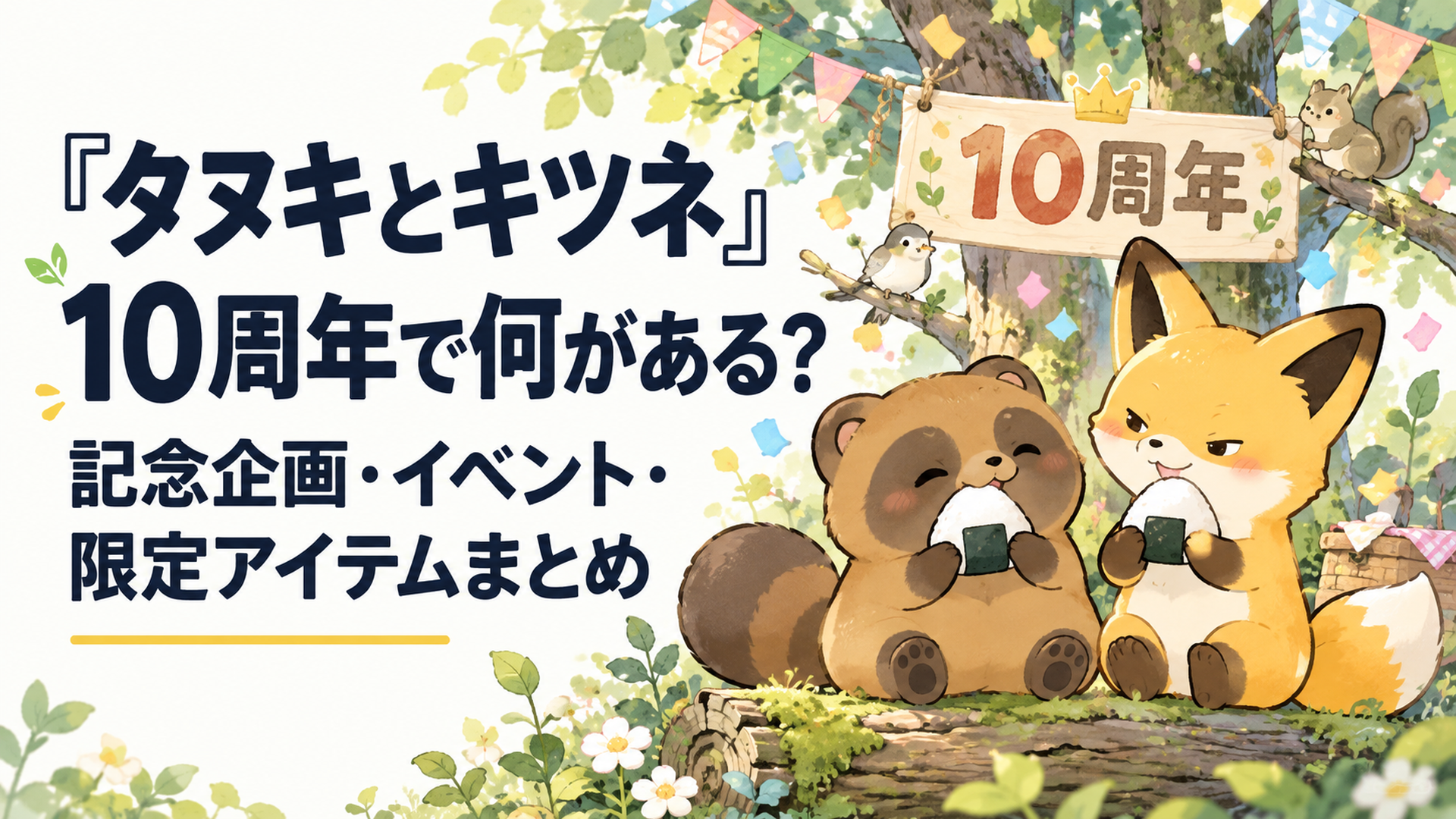 森の中で並んでおにぎりを頬張る、のんびりしたタヌキと少しいじわるそうに笑うキツネ、背景に10周年を祝う紙吹雪