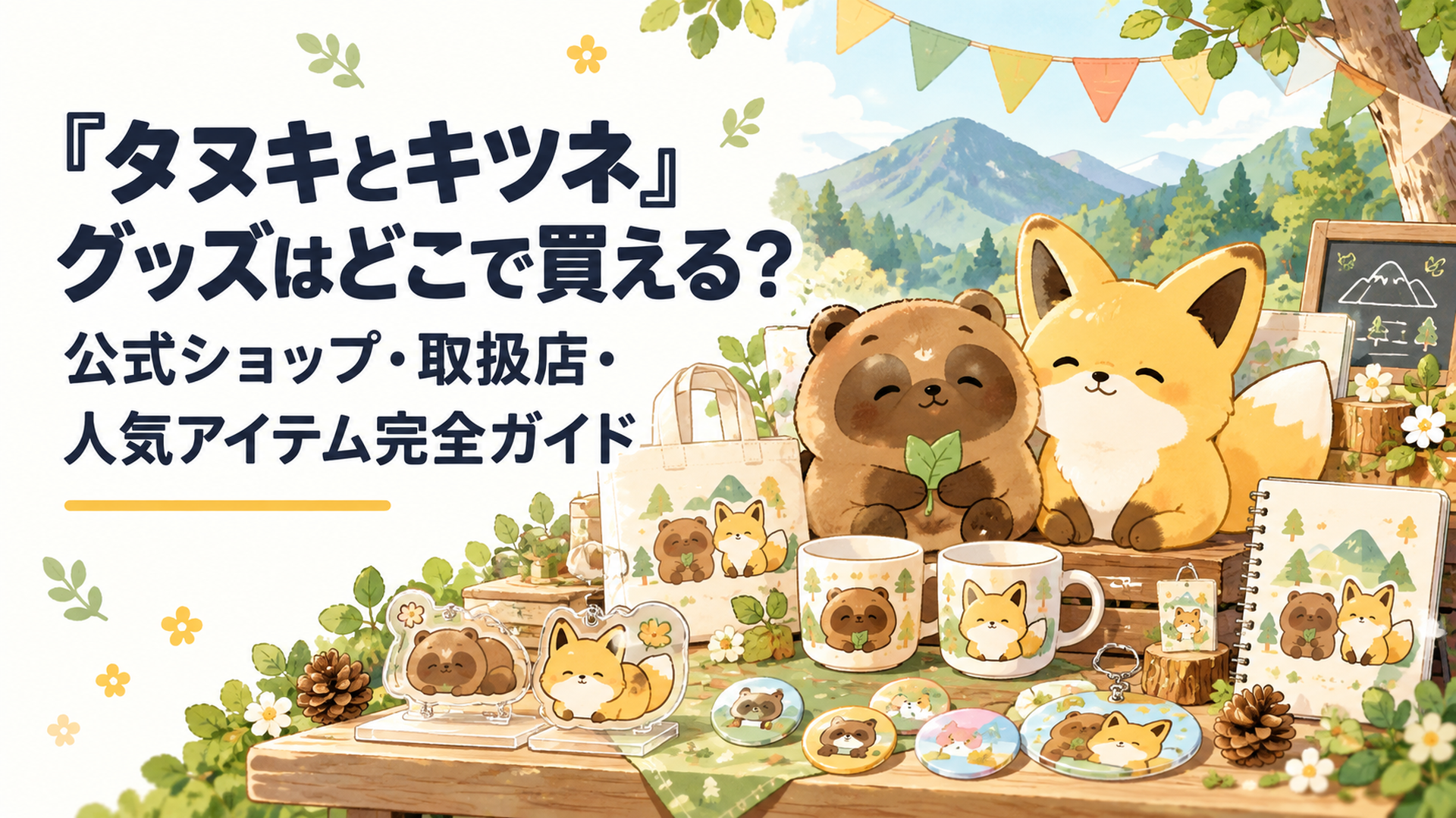 お山を背景に、ぬいぐるみやマグカップ、アクリルバッジなどのタヌキとキツネのグッズが並ぶ、パーティー飾りつきの温かい雰囲気のシーン