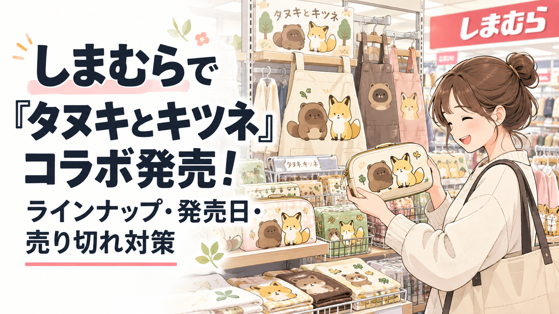 衣料品店の雑貨売り場で、タヌキとキツネをモチーフにしたやさしい色合いのポーチやエプロンを手に取るイメージ