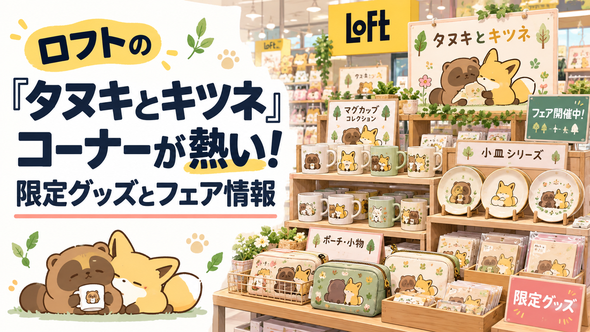 雑貨店の棚にタヌキとキツネ柄のマグカップや小皿、ポーチがテーマごとに並んでいる明るい売り場のイメージ