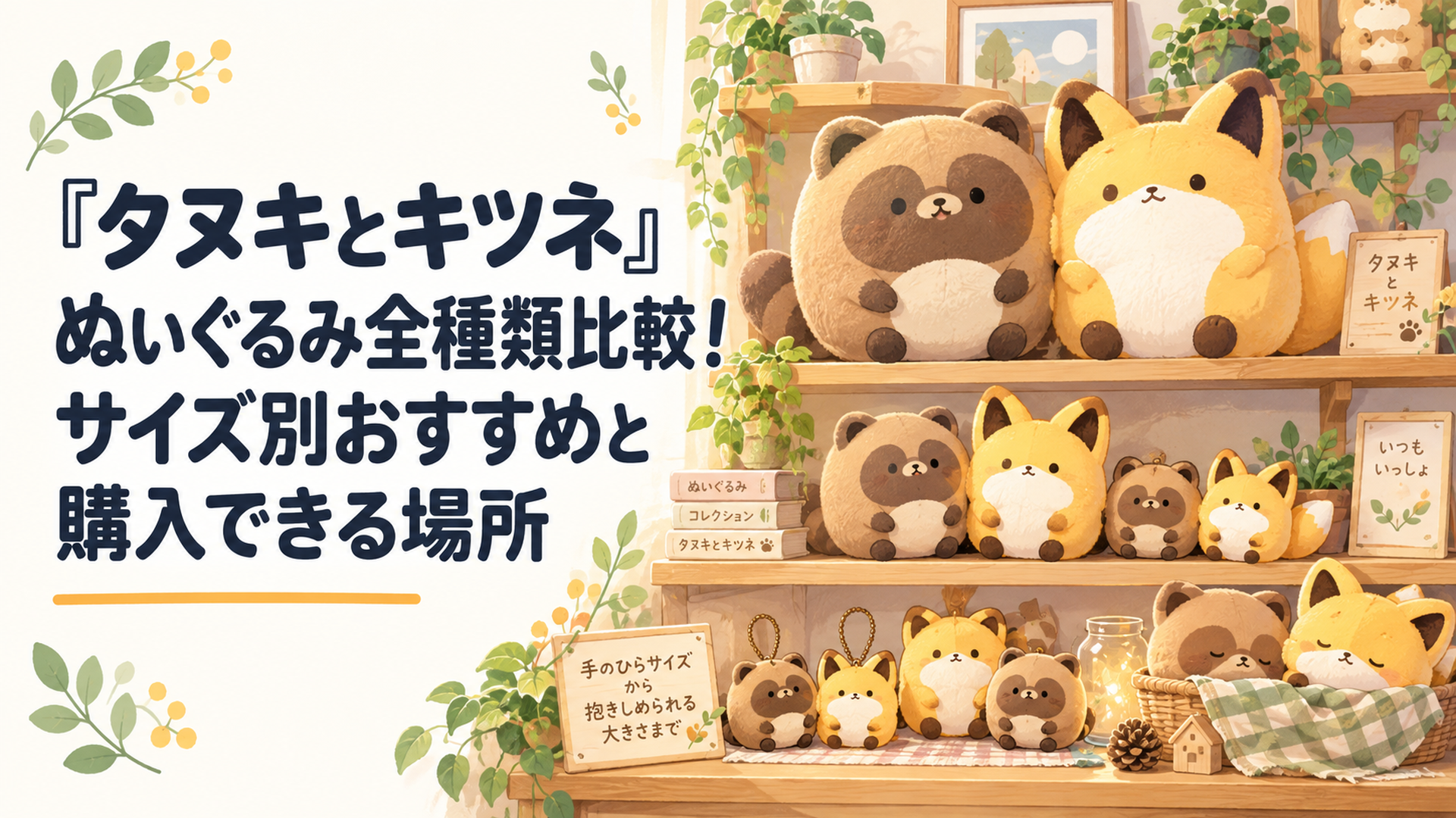 まるいフォルムのタヌキとキツネのぬいぐるみが、手のひらサイズから抱きしめられる大きさまで並んでいる、あたたかい色合いの棚のシーン