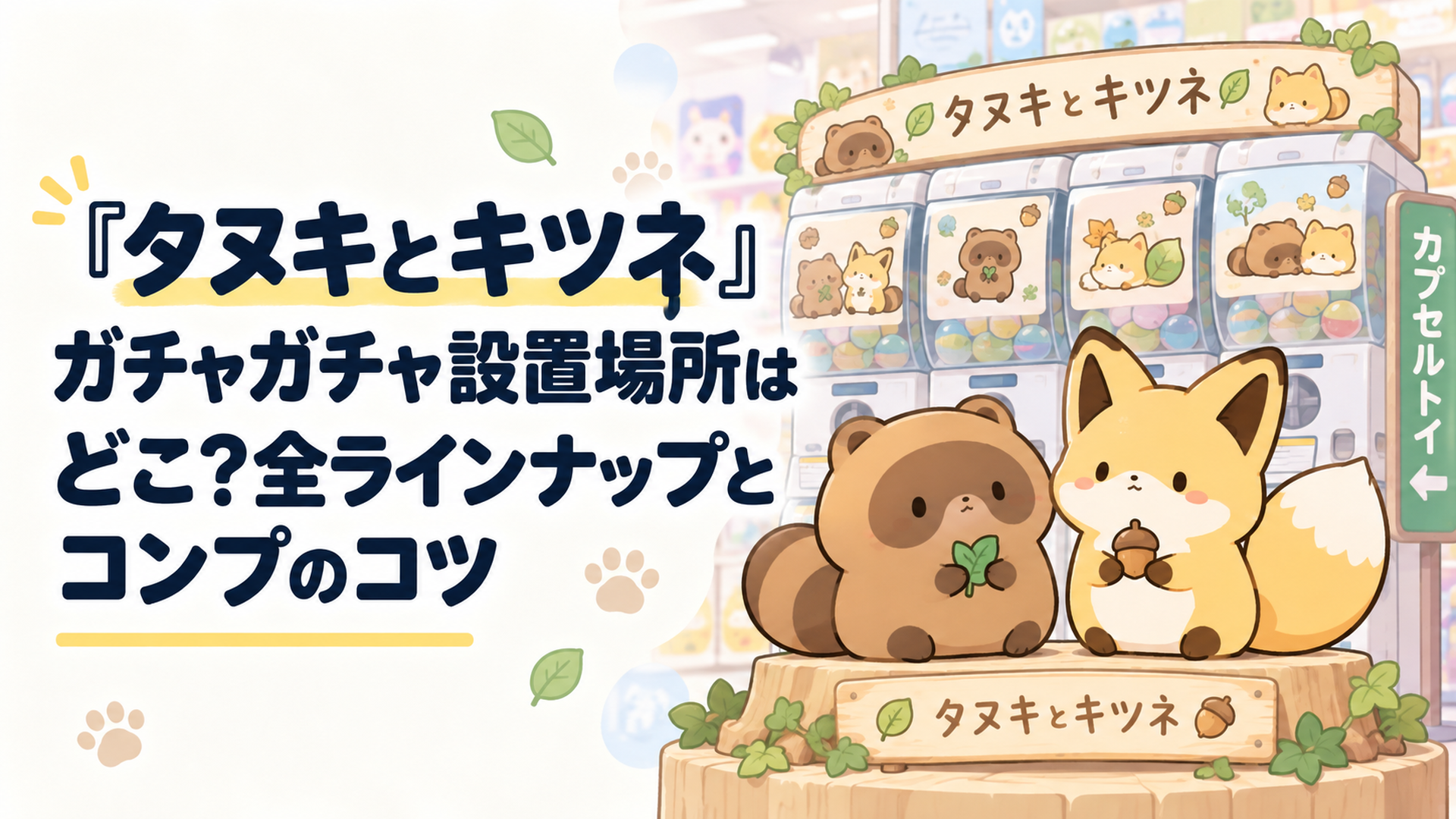 カプセルトイ売り場の前で、丸っこいタヌキとふわふわ尻尾のキツネのマスコットが並んでいるやさしいイラスト