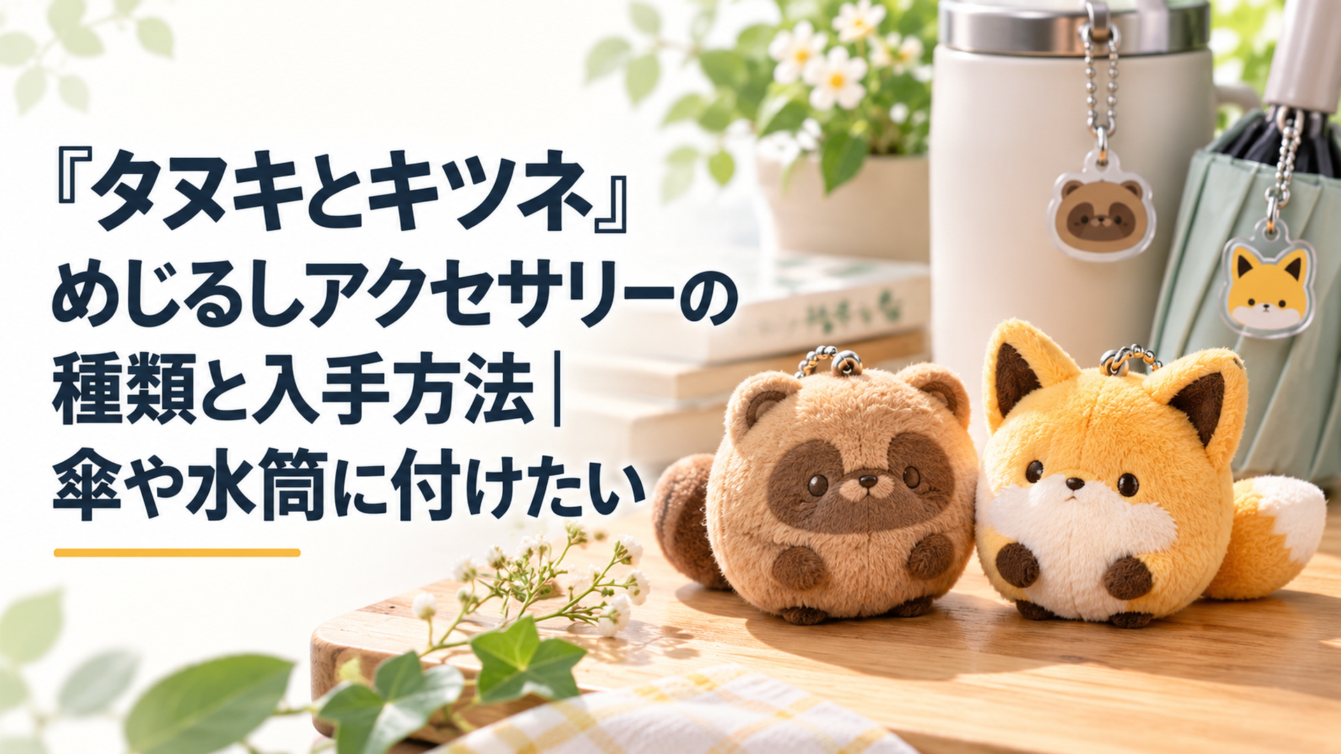 ふわふわの起毛素材で作られた丸いタヌキとキツネの小さなマスコットが、木のテーブルの上に並んでいる写真風イラスト
