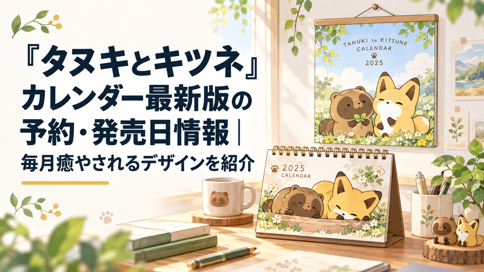 デスクの上に並んだ、ゆるいタヌキとキツネのイラストの卓上カレンダーと正方形の壁掛けカレンダー