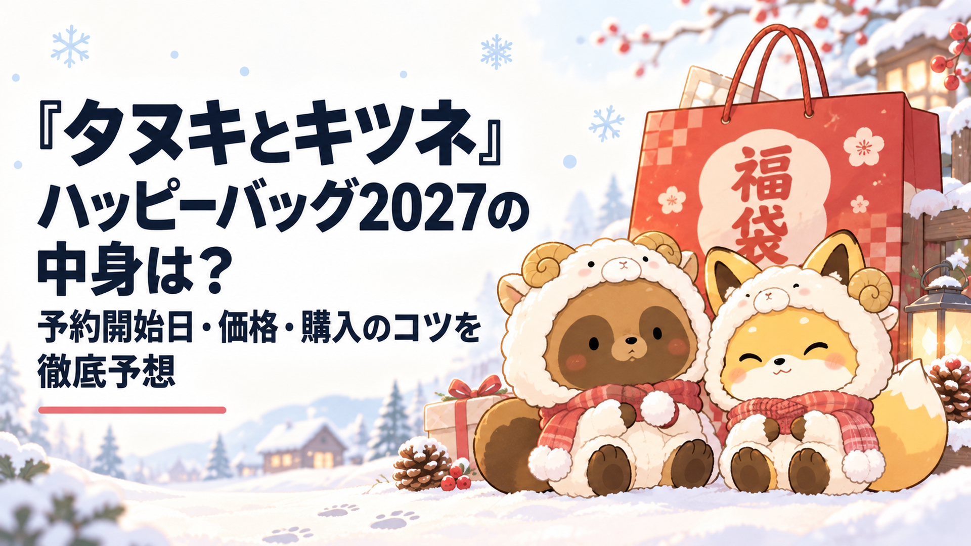 もこもこのひつじの着ぐるみを着たタヌキとキツネのぬいぐるみが、福袋の紙袋の横で並んで座っている冬らしいシーン