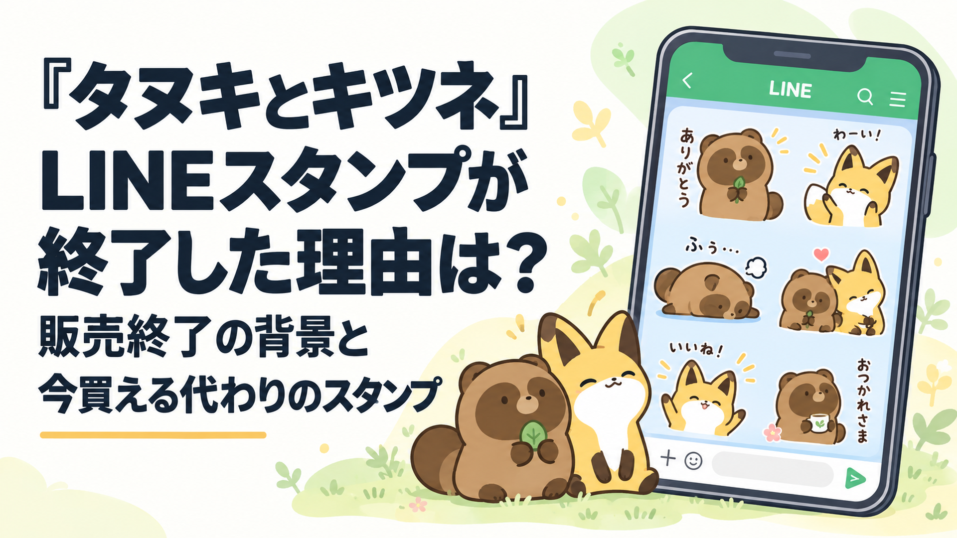 スマートフォンのLINE画面に、ゆるいタッチのタヌキとキツネのスタンプが並んでいるイメージ