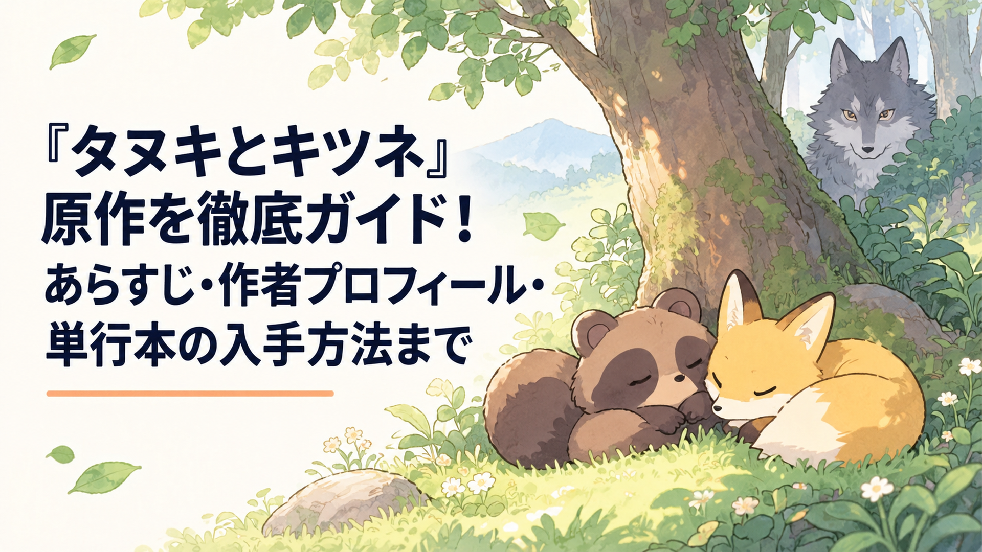 お山の木陰でタヌキとキツネが寄り添ってお昼寝をし、遠くの木の陰から大きなオオカミが静かに見守っている穏やかなシーン