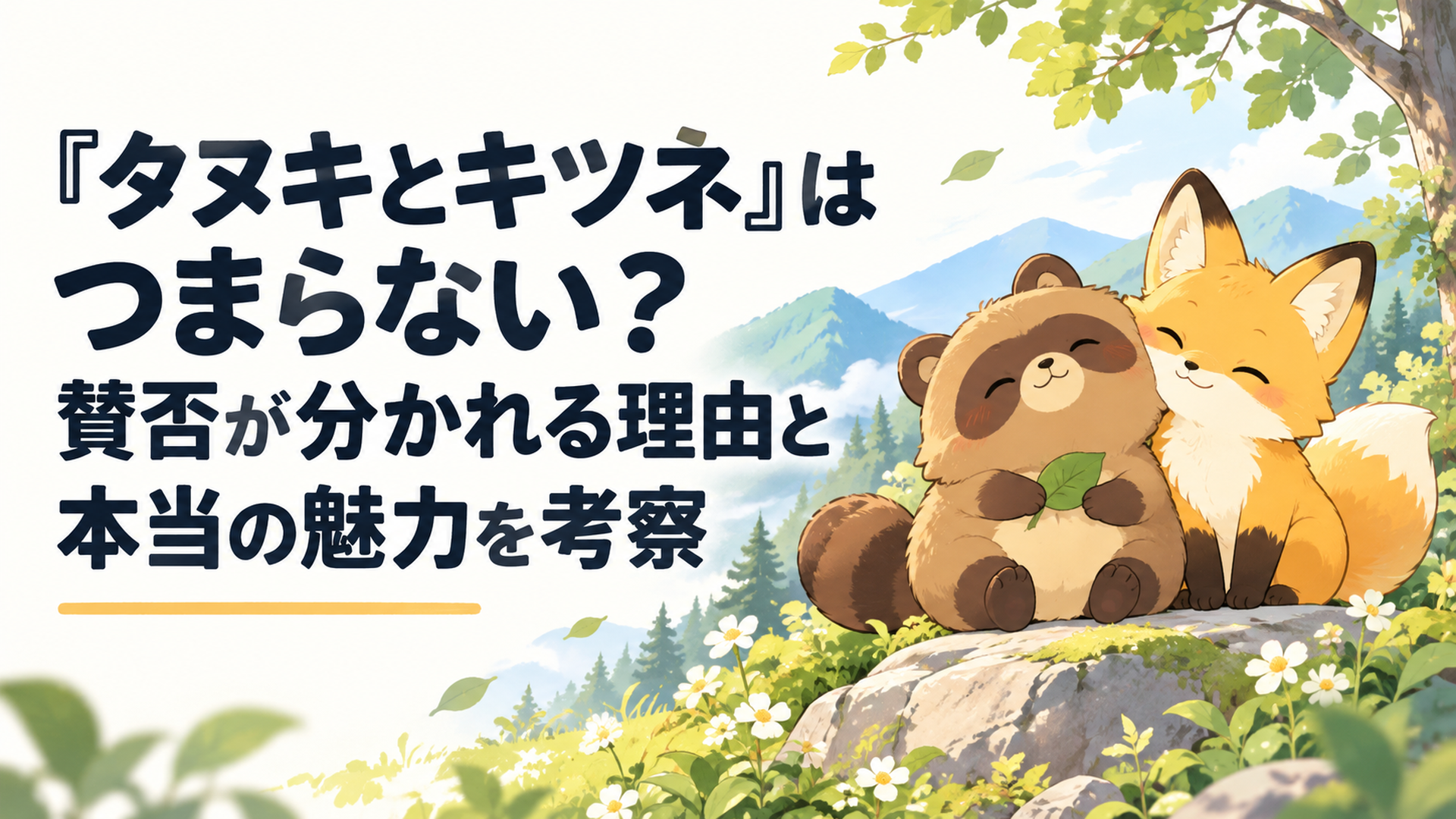 山の中で仲良く寄り添うタヌキとキツネのゆるかわイラスト風シーン
