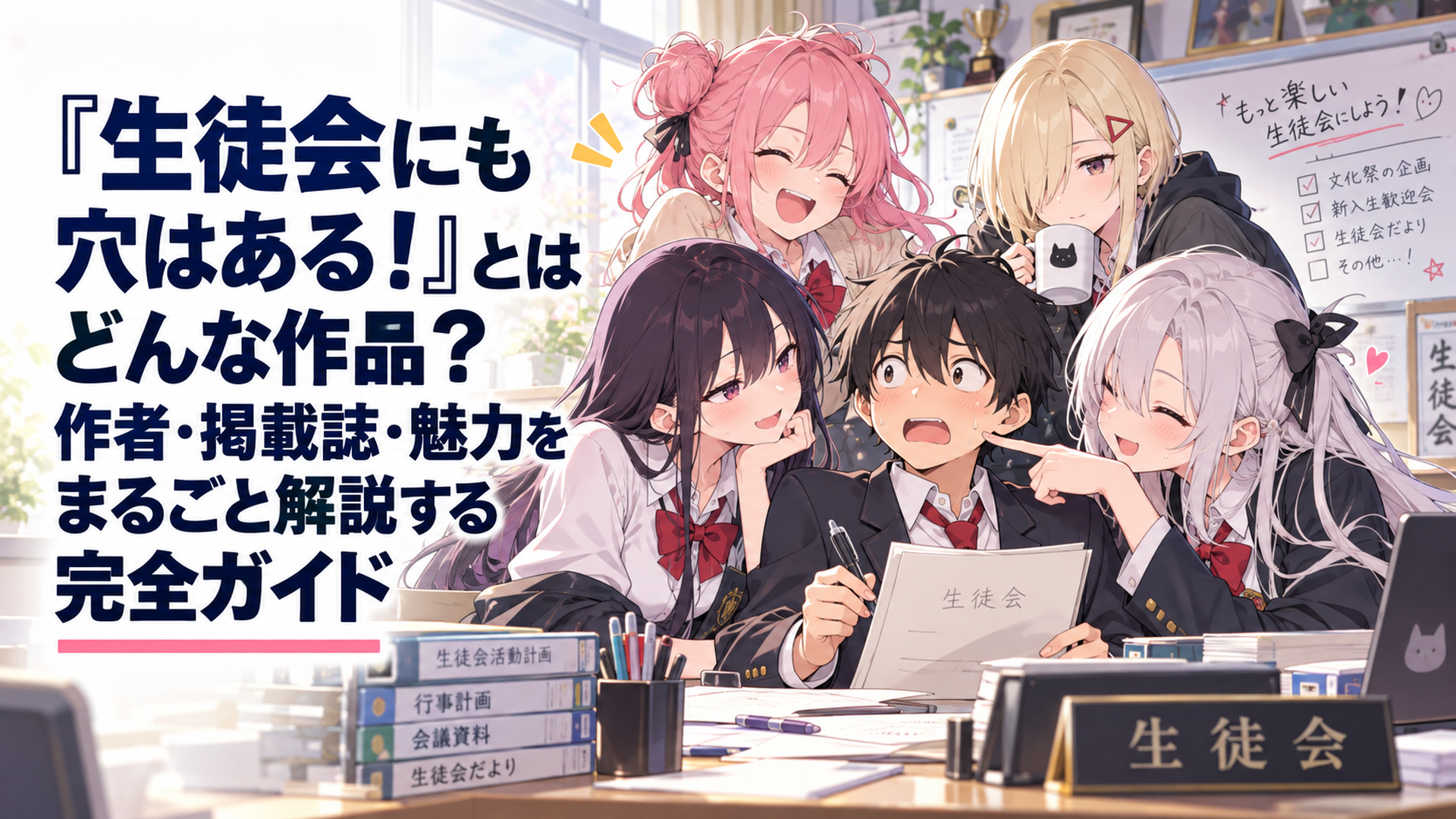 放課後の生徒会室で、男子の新入り役員がクセの強い生徒会メンバーに囲まれてにぎやかに過ごしている学園コメディ風のシーン