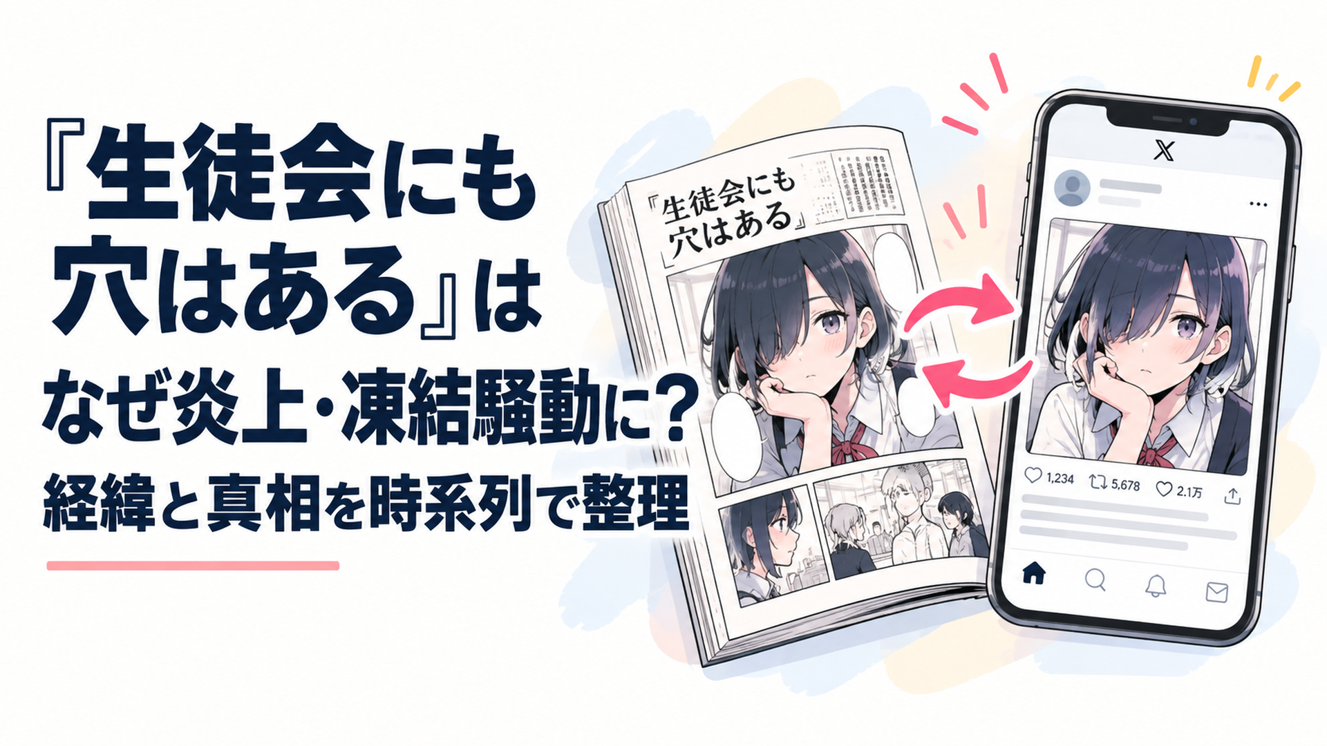 漫画雑誌の1ページとスマートフォンの投稿画面が左右に並び、同じ一枚の絵が別々の場所に置かれている様子を示す図解風イメージ