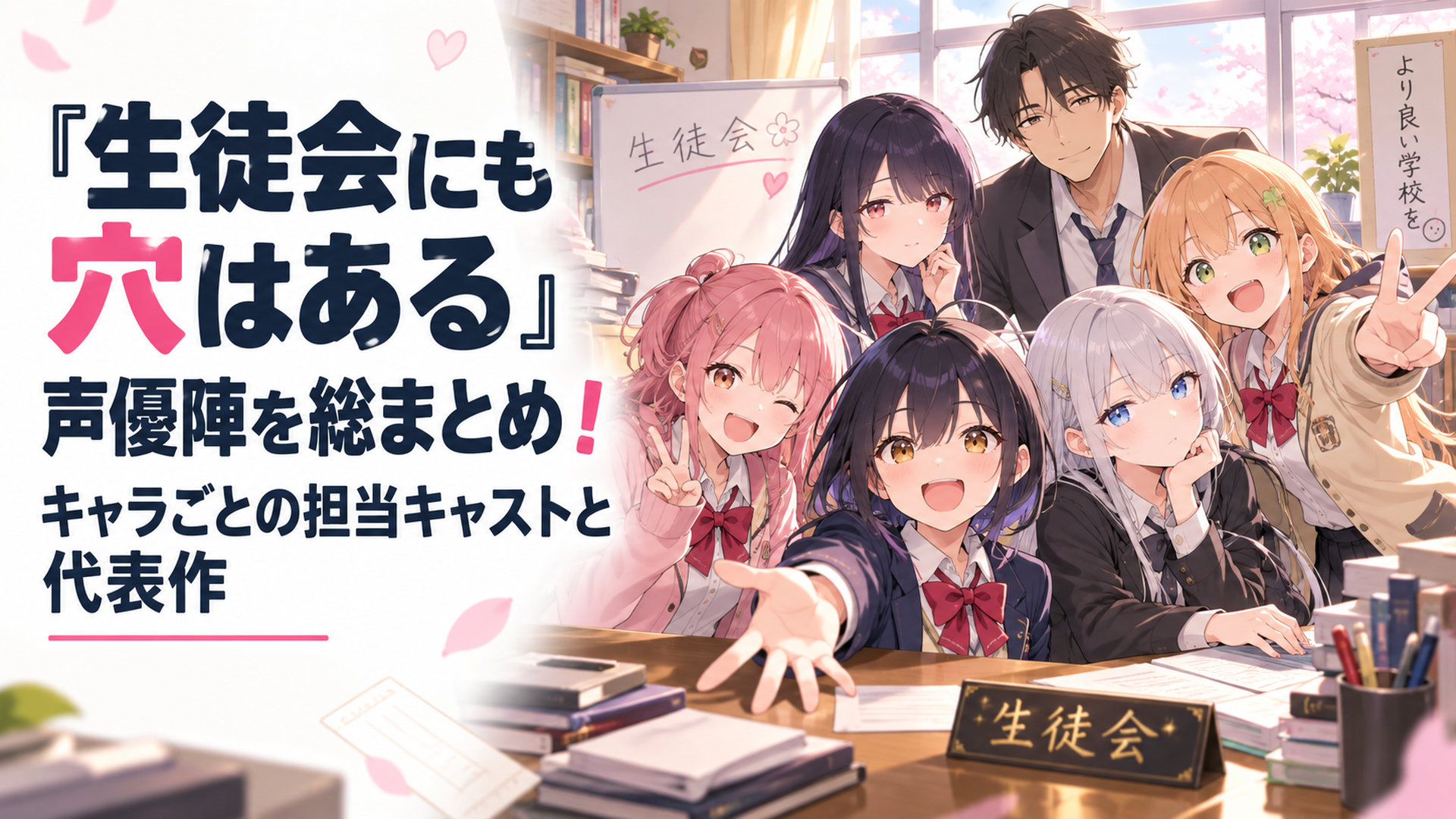 放課後の生徒会室に集まった個性豊かな生徒会メンバー5人と担任教師が並ぶ、明るい学園ラブコメの集合シーン